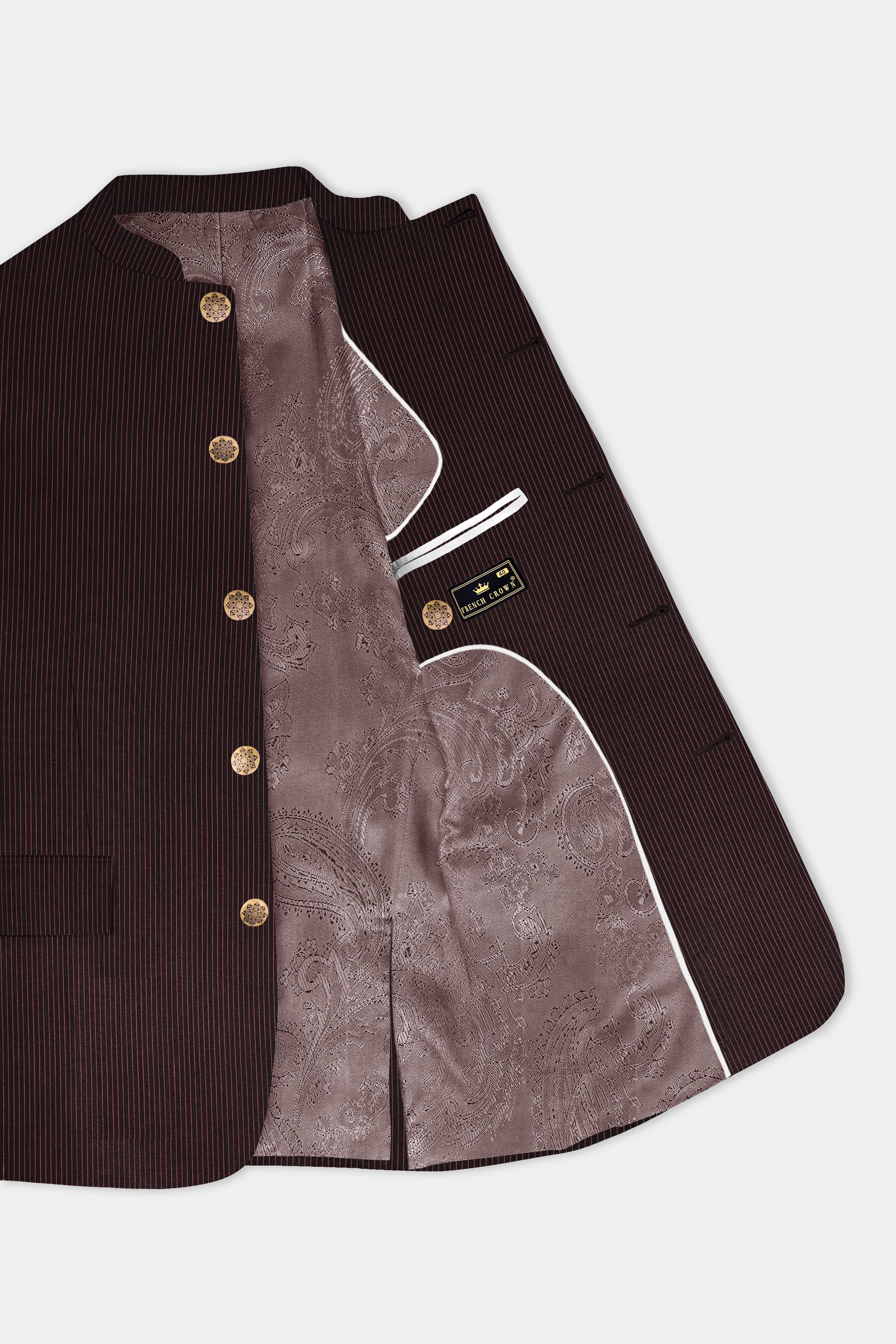 English Walnut Red Striped Wool Rich Bandhgala Suit