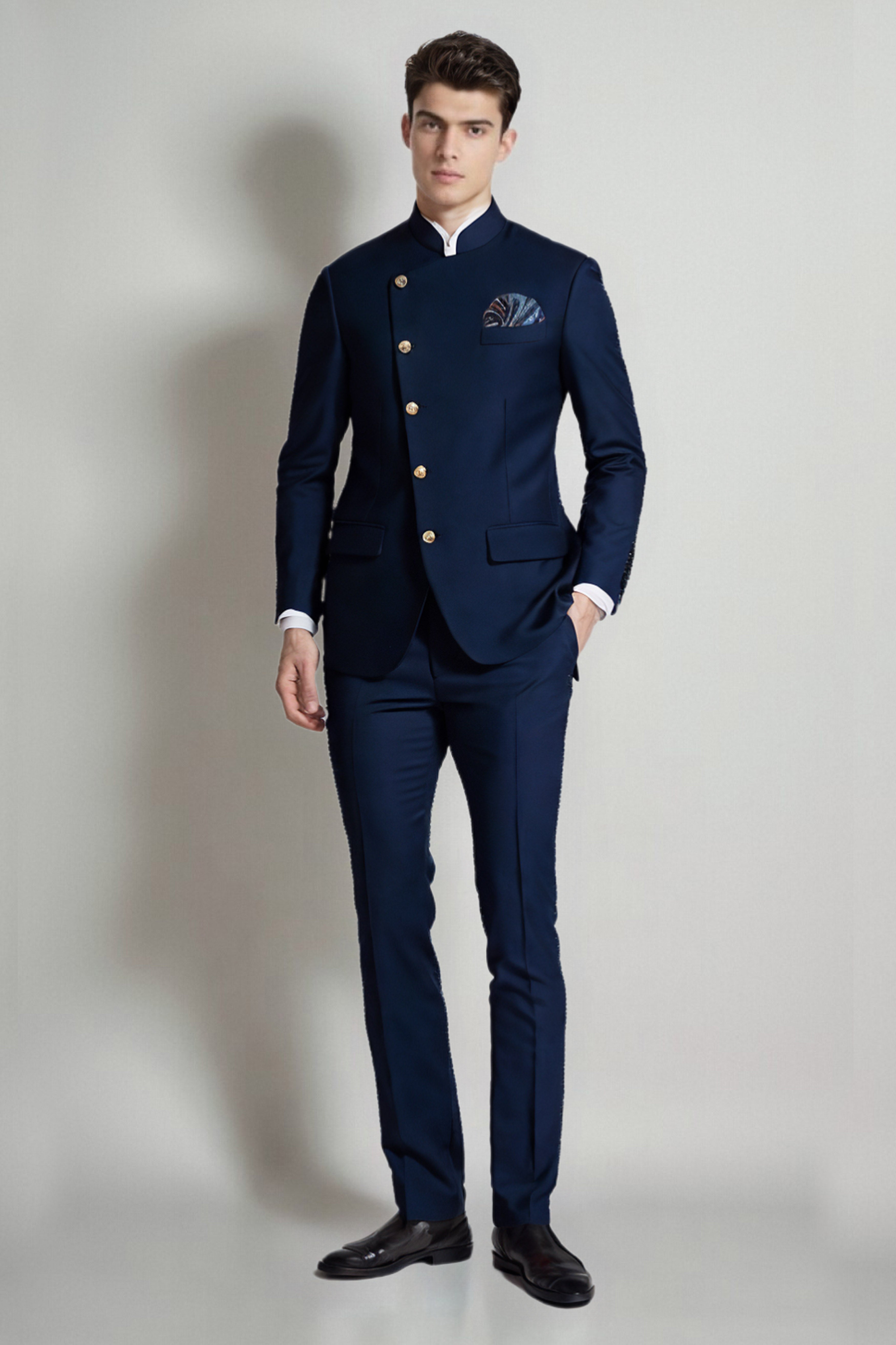 Comet Blue Solid Wool Rich Cross Placket Bandhgala Suit