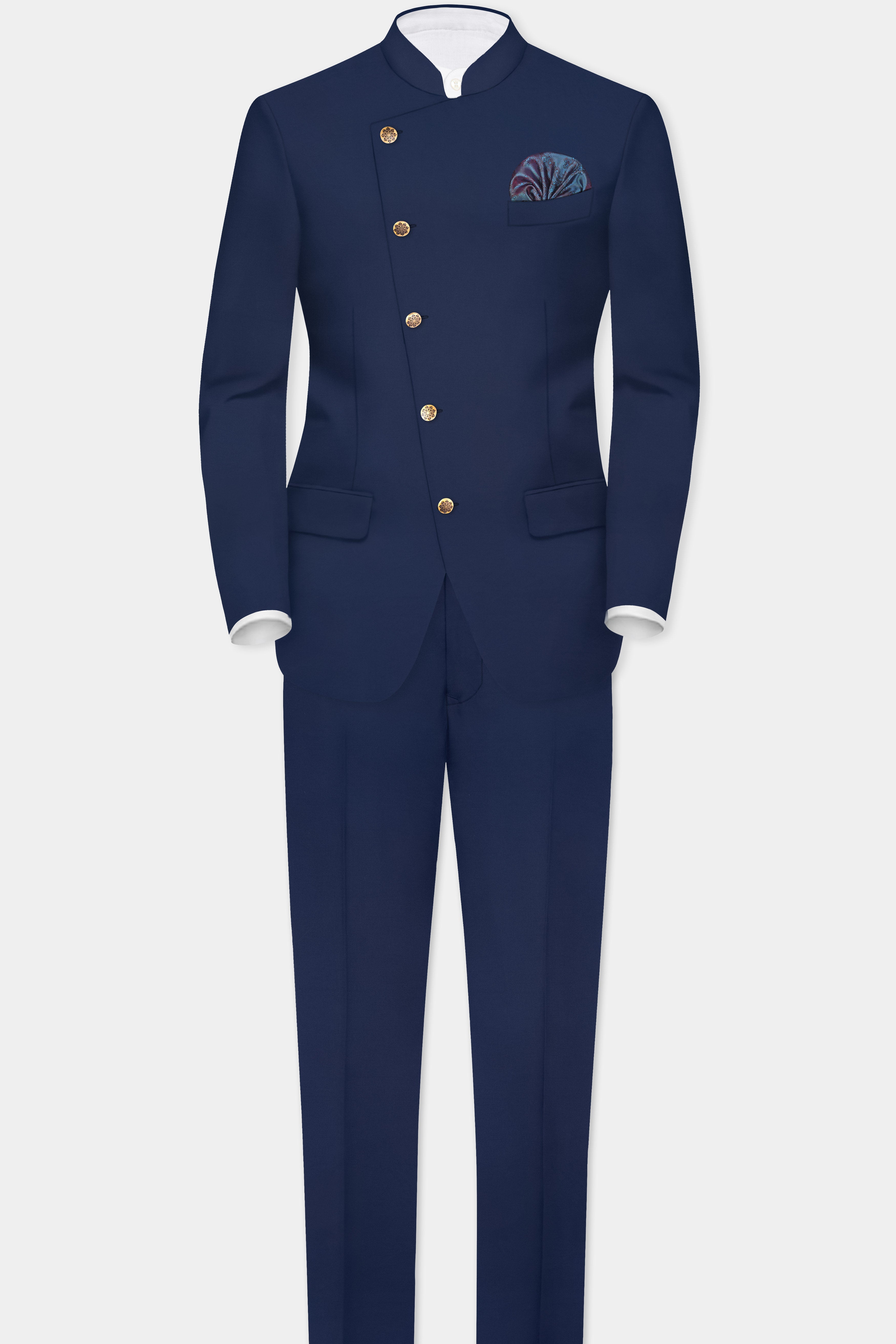 Comet Blue Solid Wool Rich Cross Placket Bandhgala Suit