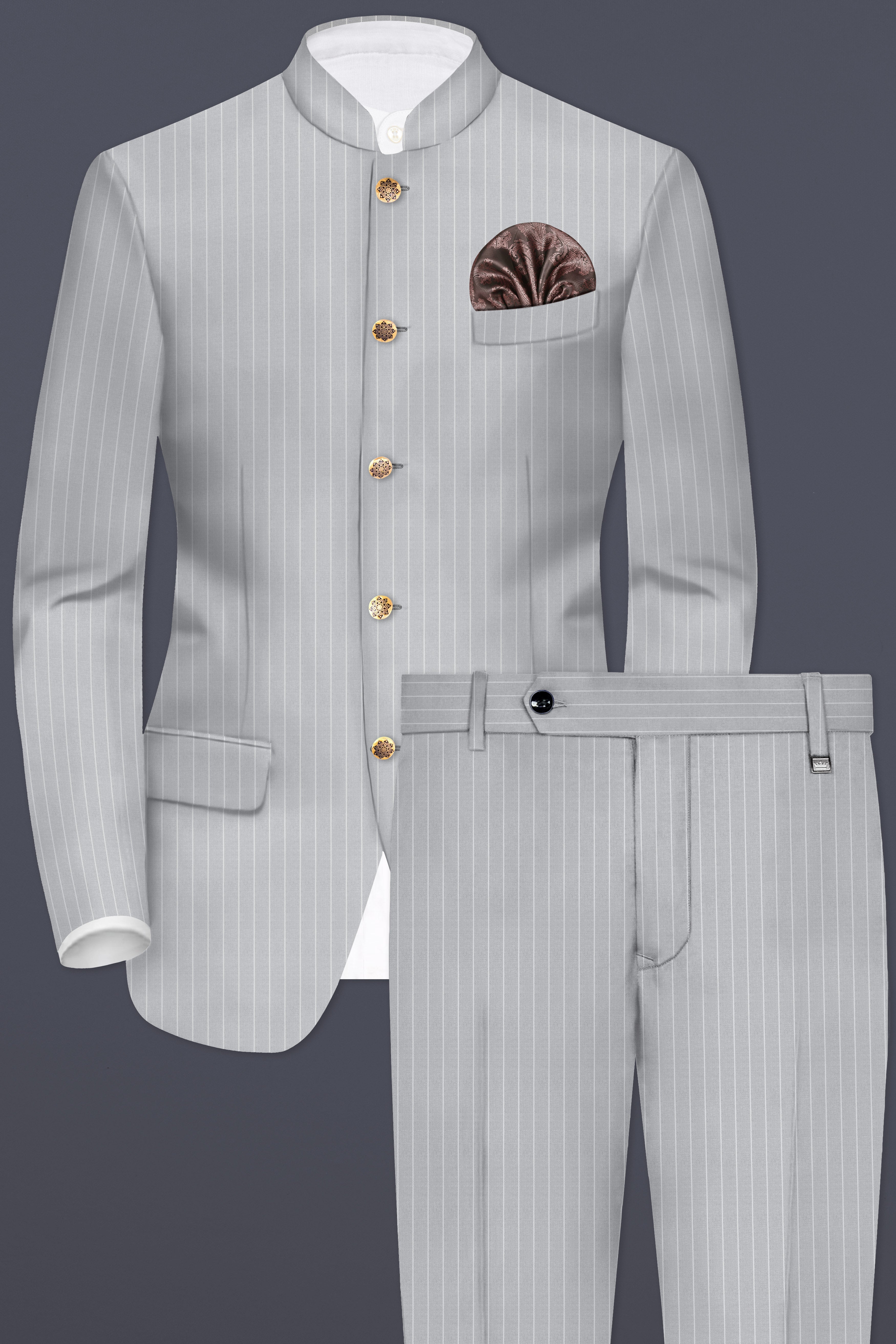 Mercury Gray Stripes Wool Rich Bandhgala Suit