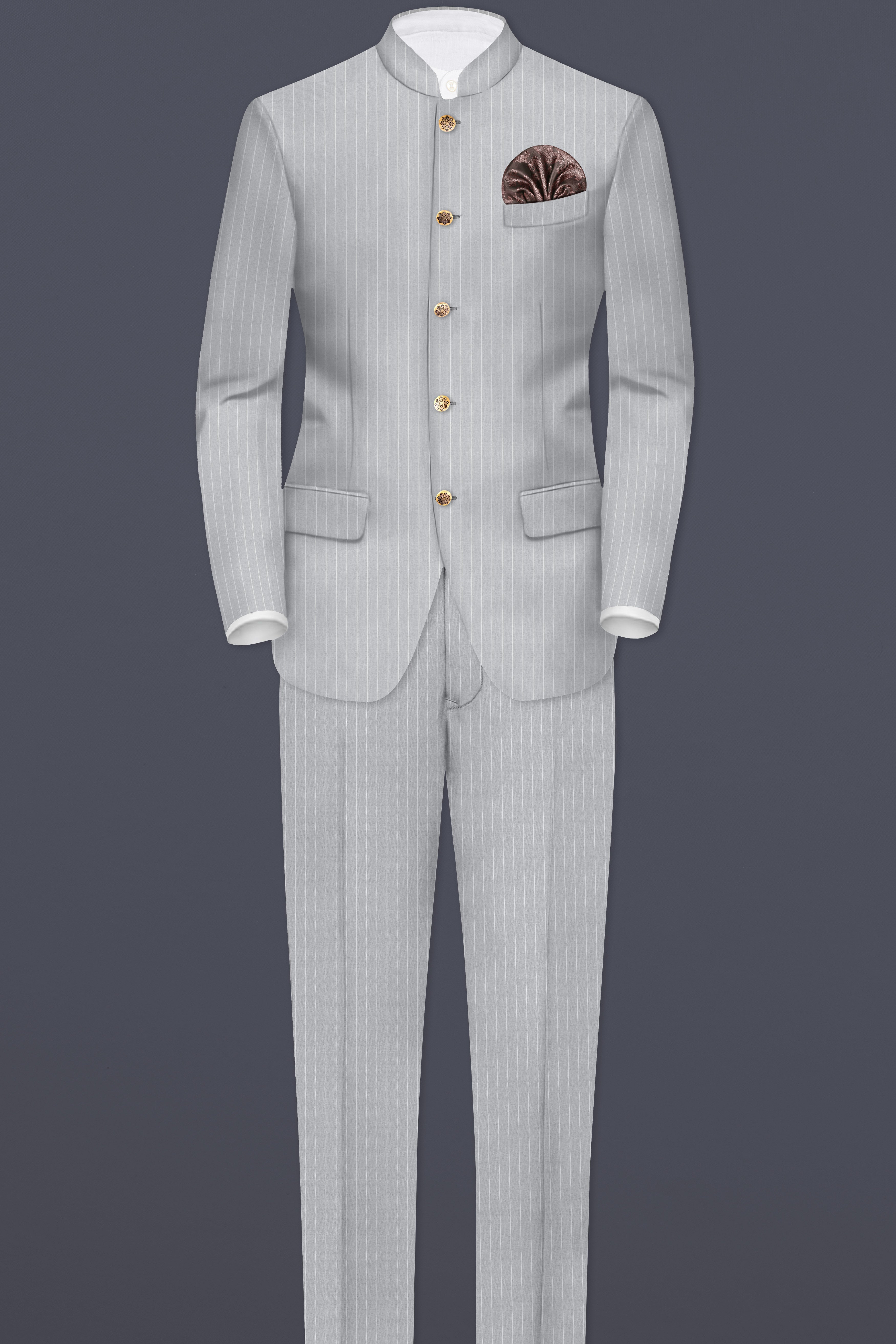 Mercury Gray Stripes Wool Rich Bandhgala Suit