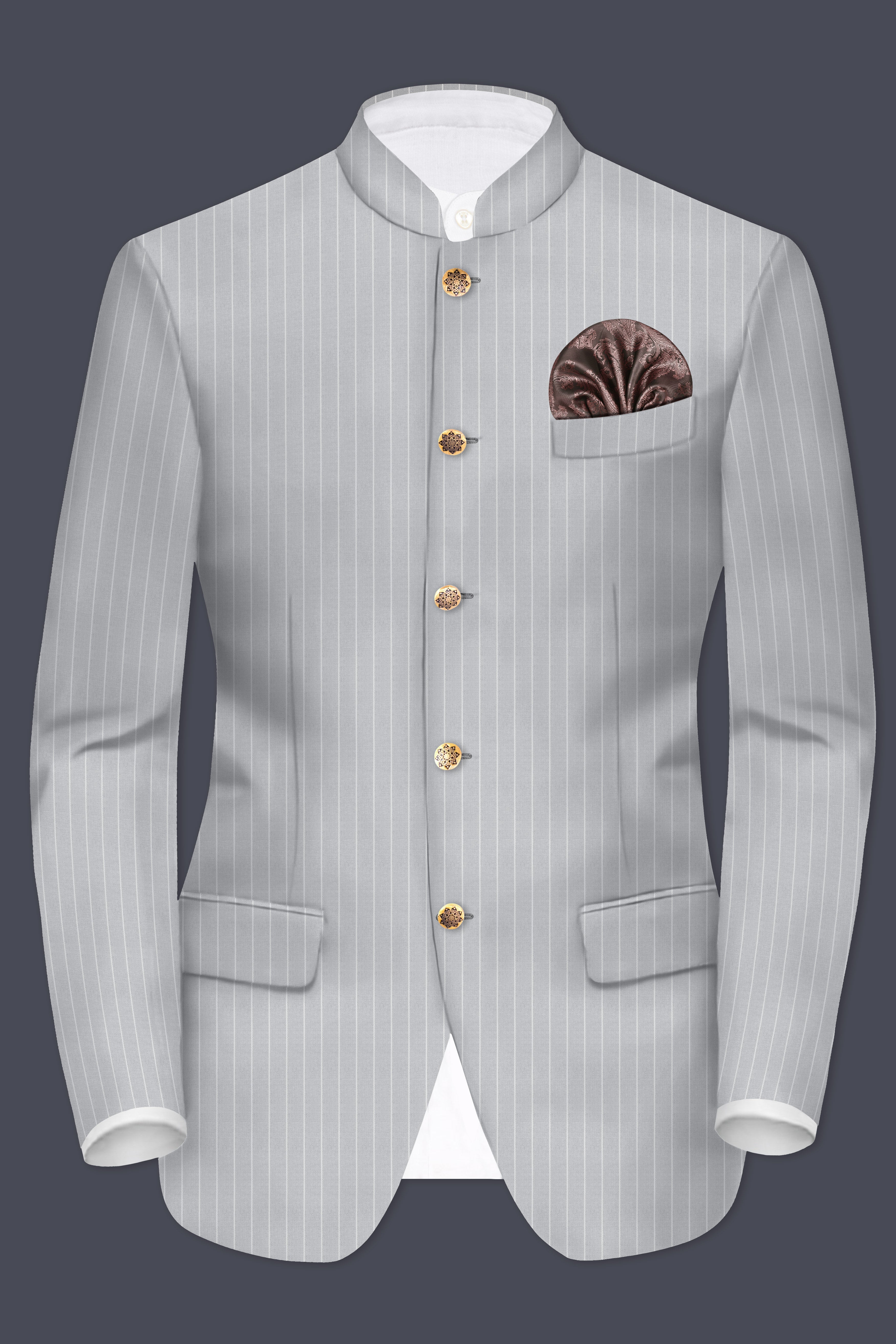 Mercury Gray Stripes Wool Rich Bandhgala Suit