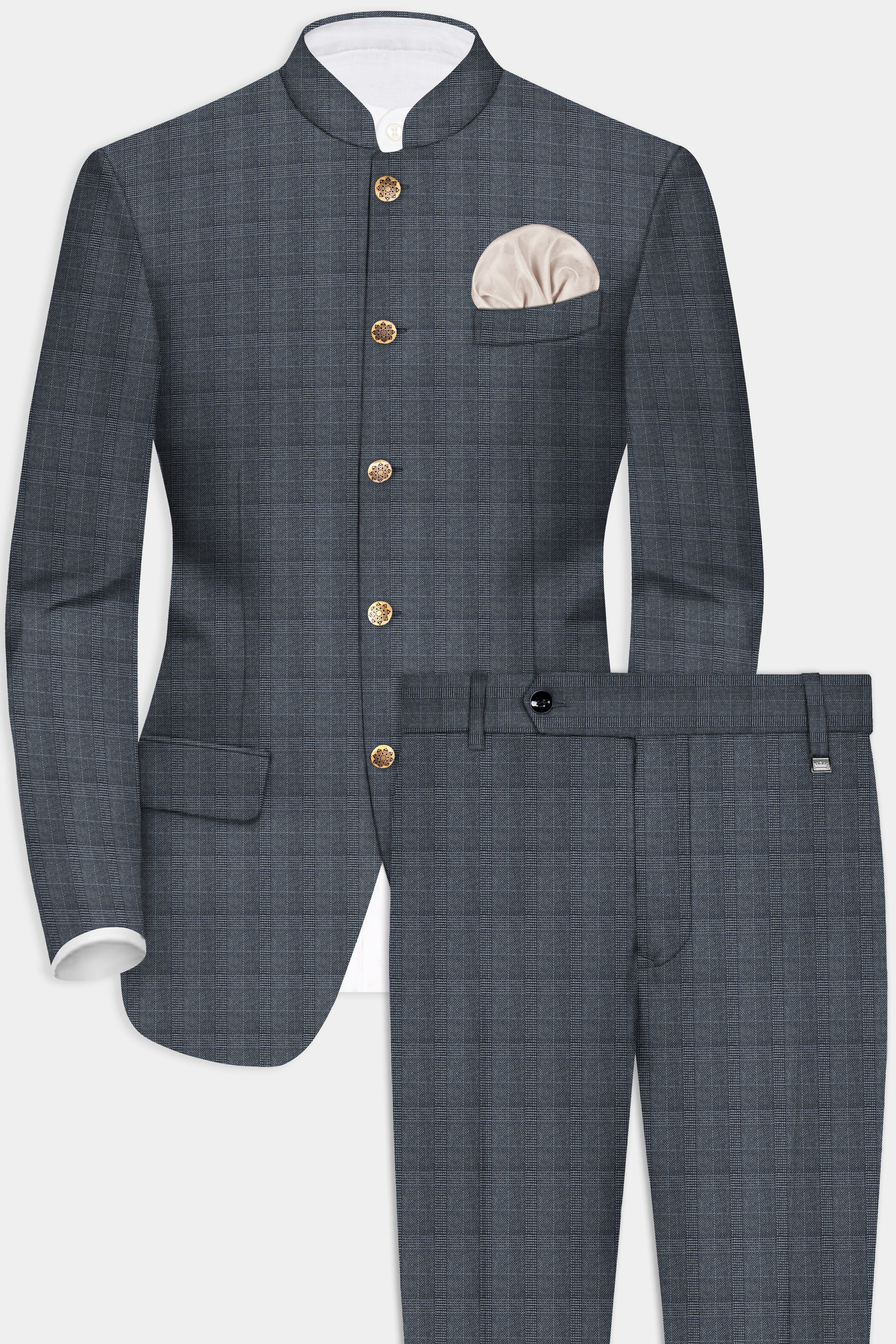 Trout Gray Windowpane Wool Rich Bandhgala Suit