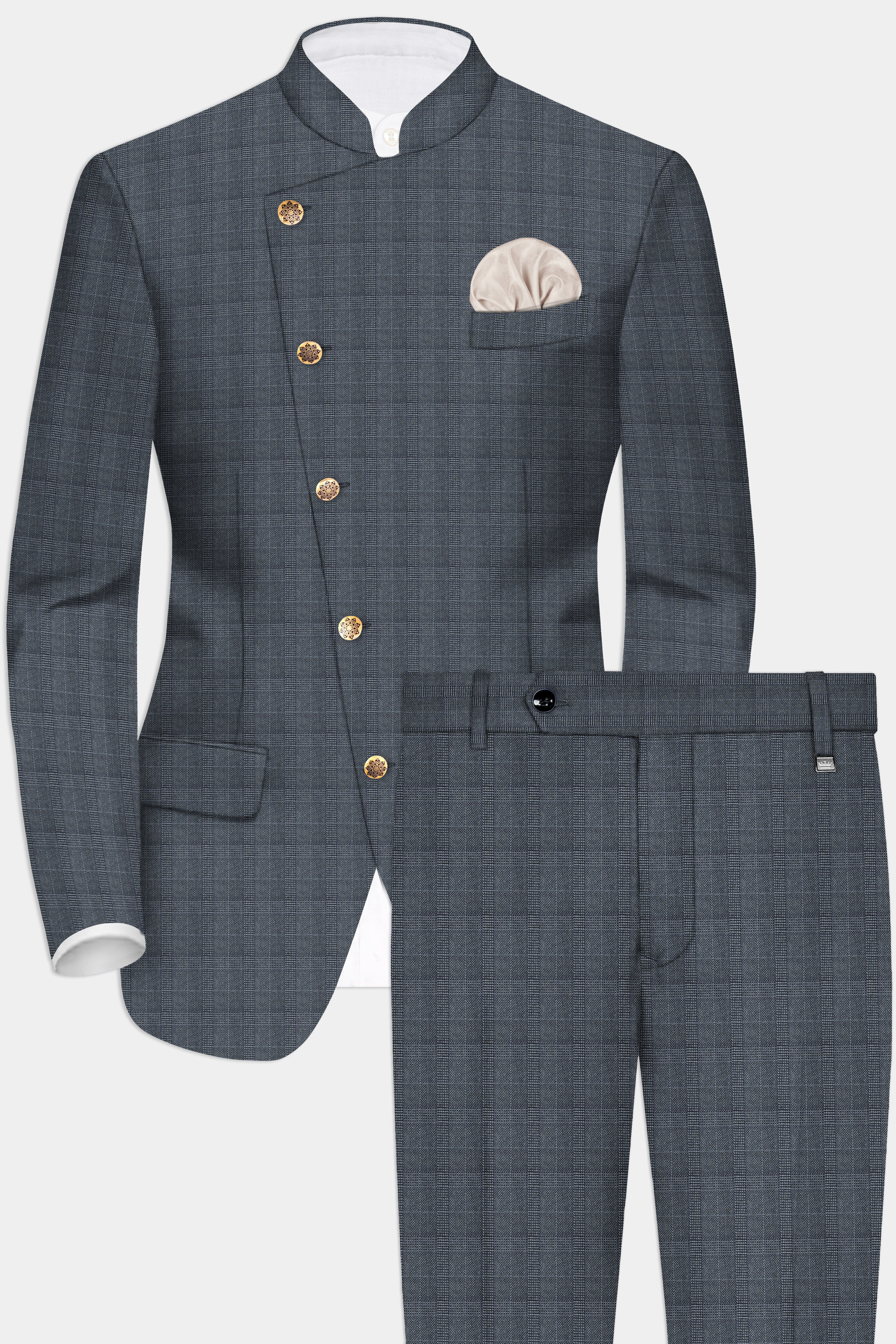 Trout Gray Windowpane Wool Rich Cross Placket Bandhgala Suit