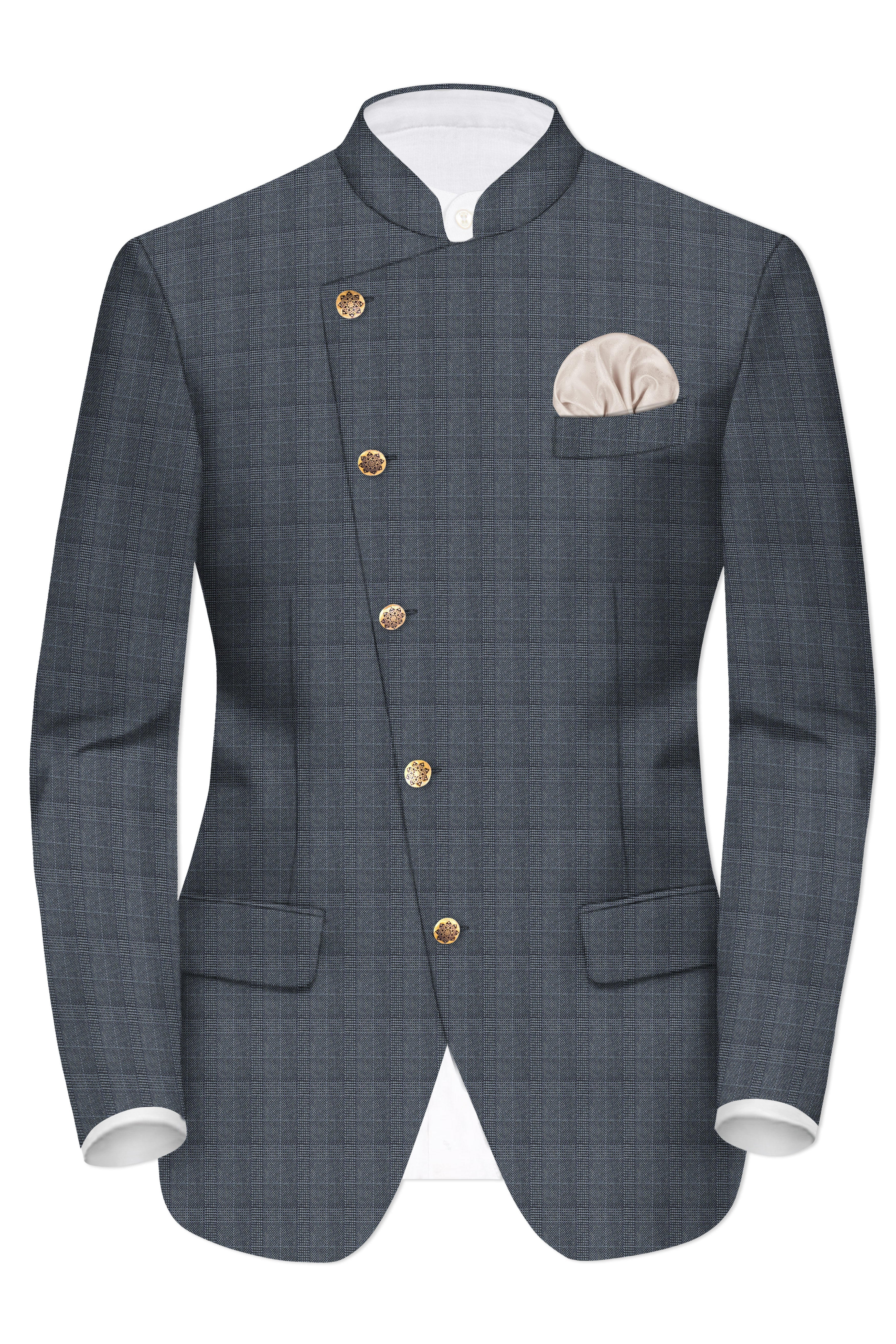 Trout Gray Windowpane Wool Rich Cross Placket Bandhgala Suit