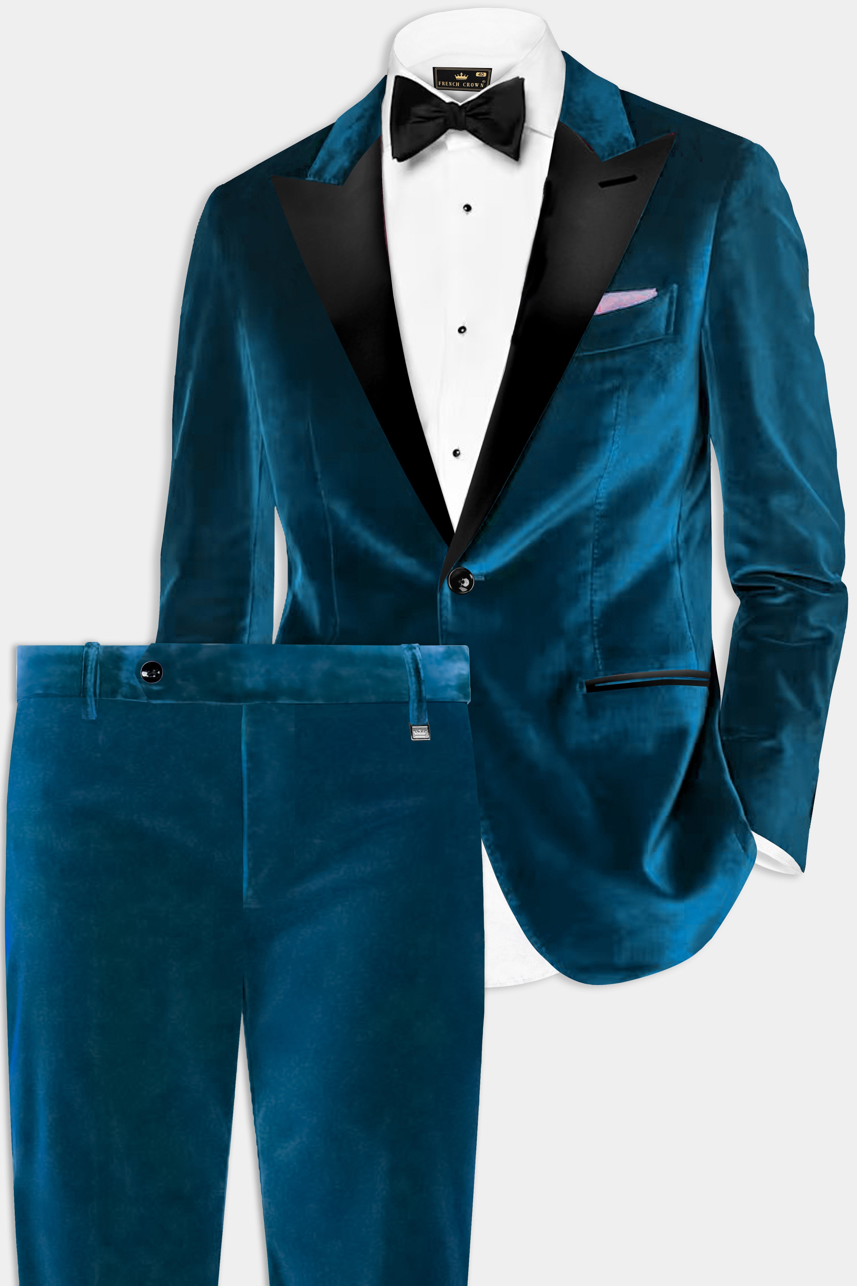 Azure Regal-Prussian Blue Velvet Peak Collar Tuxedo Suit