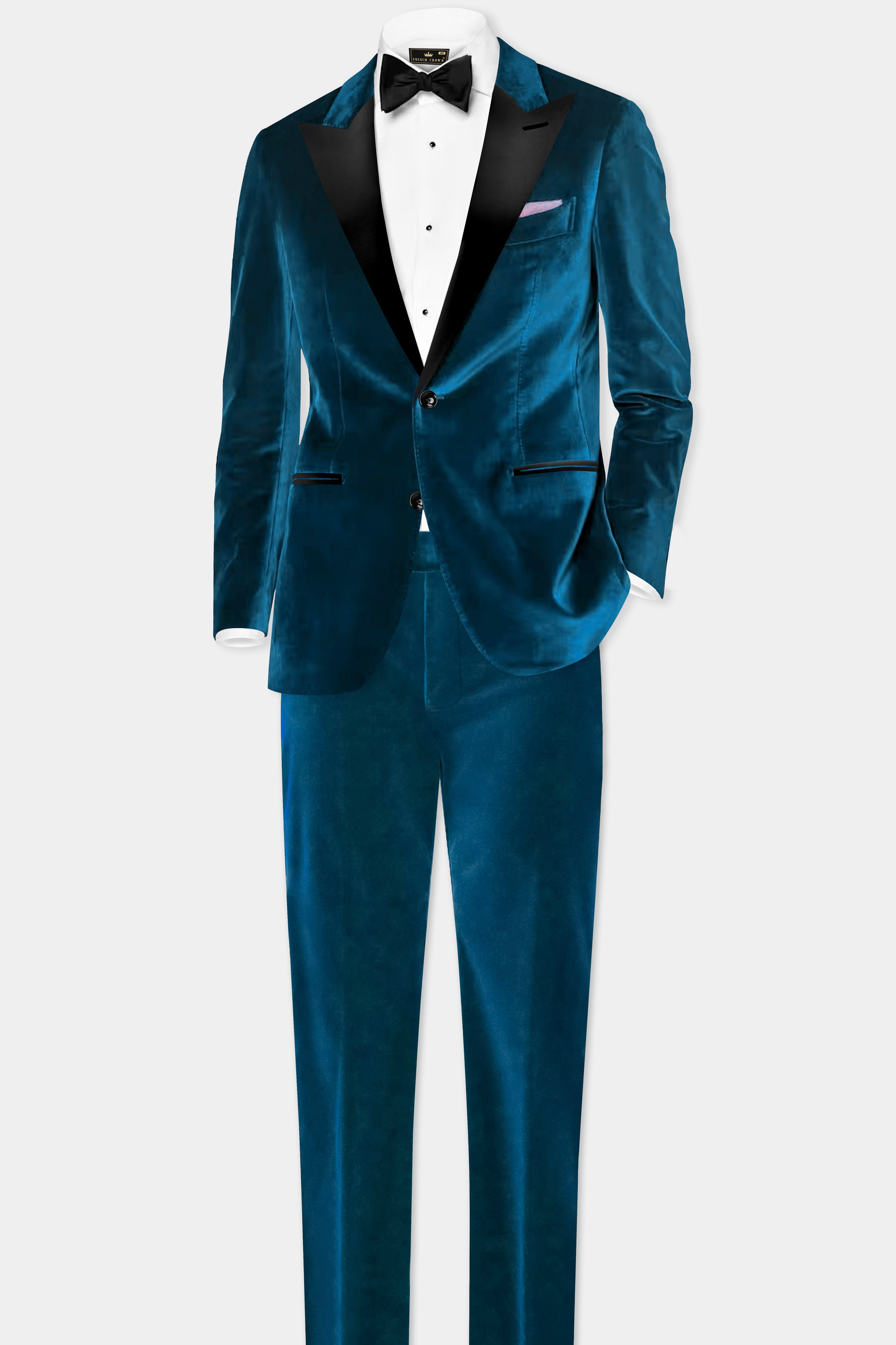 Azure Regal-Prussian Blue Velvet Peak Collar Tuxedo Suit