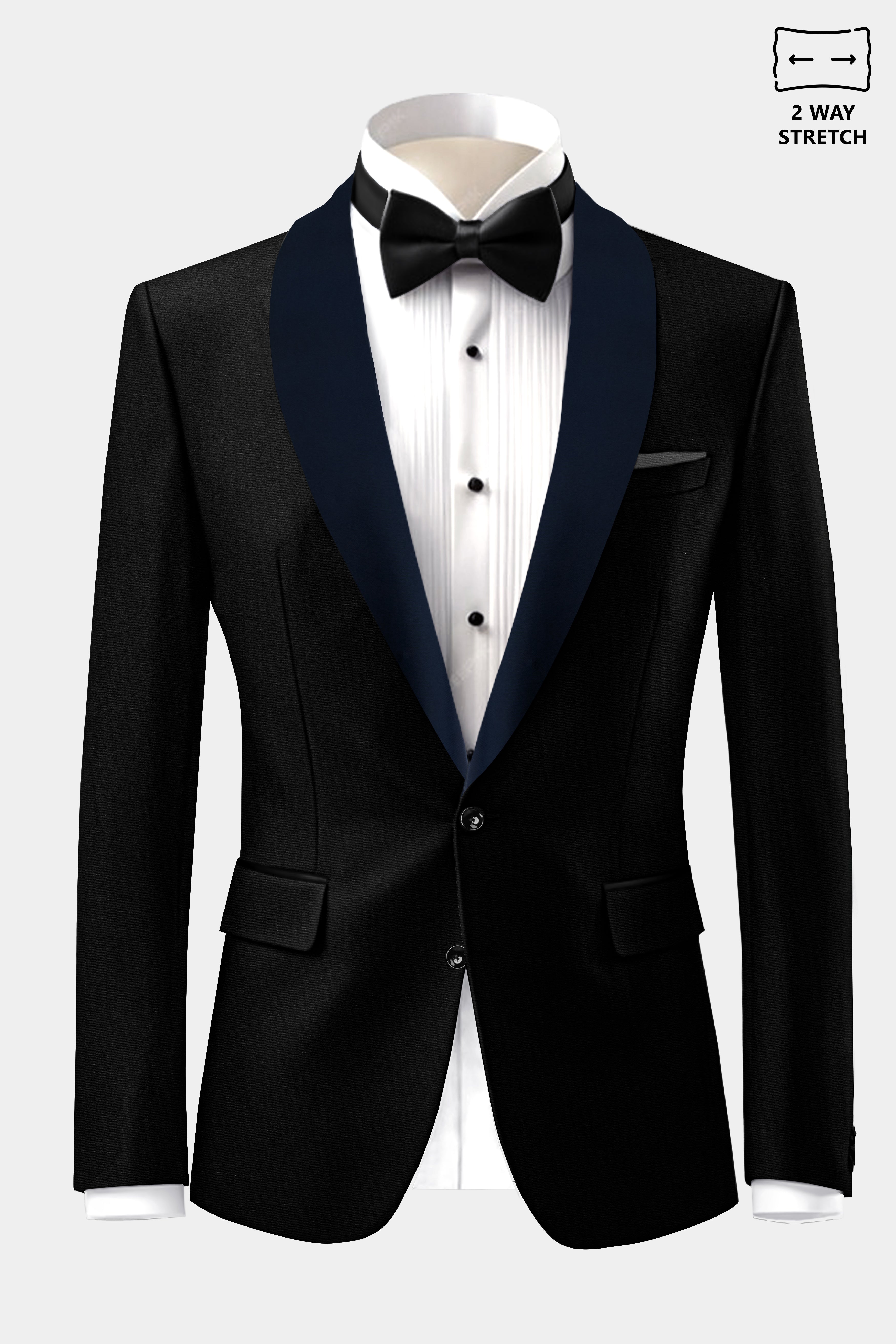 Jade Black Stretchable Subtle Sheen with Blue lapel Tuxedo Suit