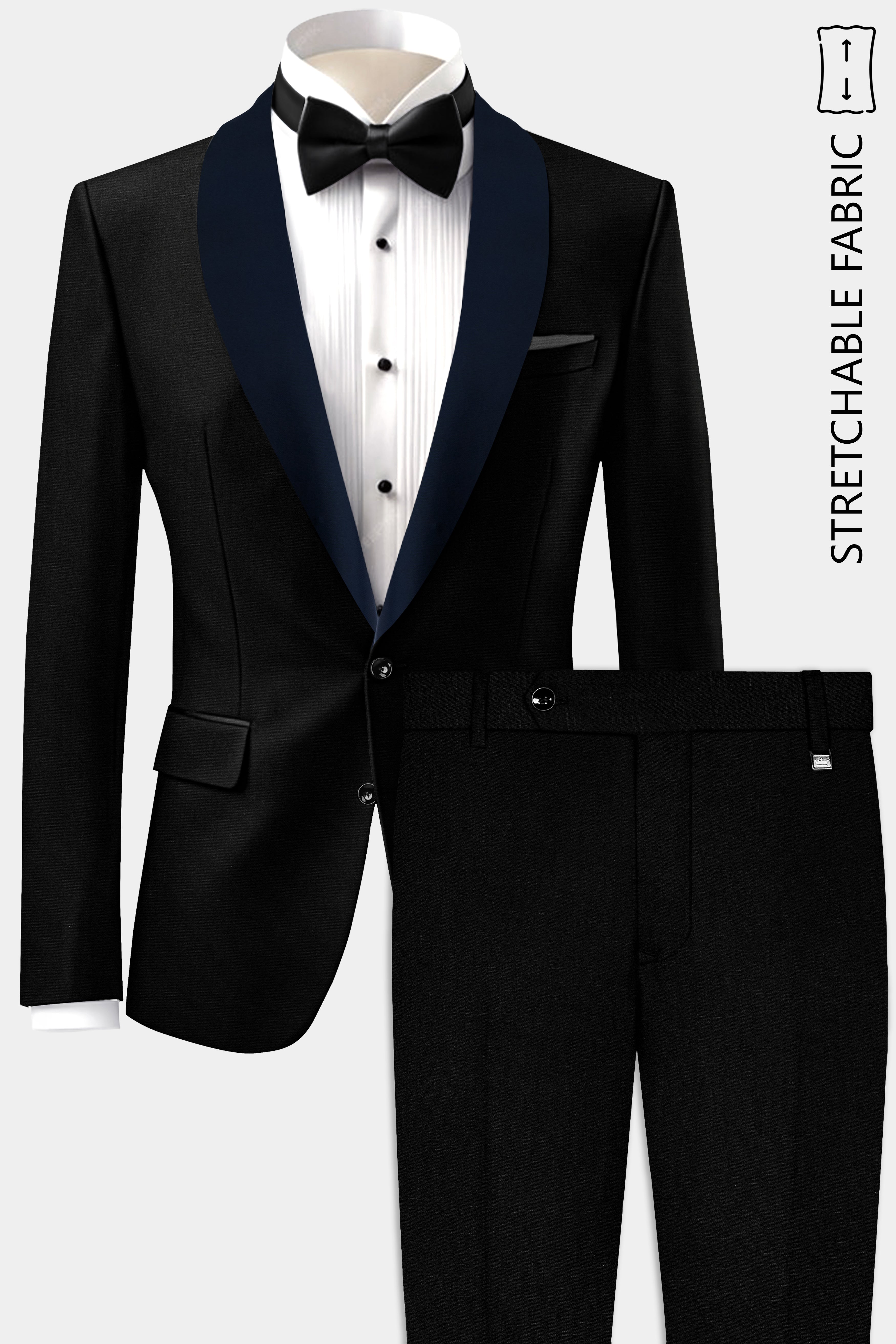 Jade Black Stretchable Subtle Sheen with Blue lapel Tuxedo Suit