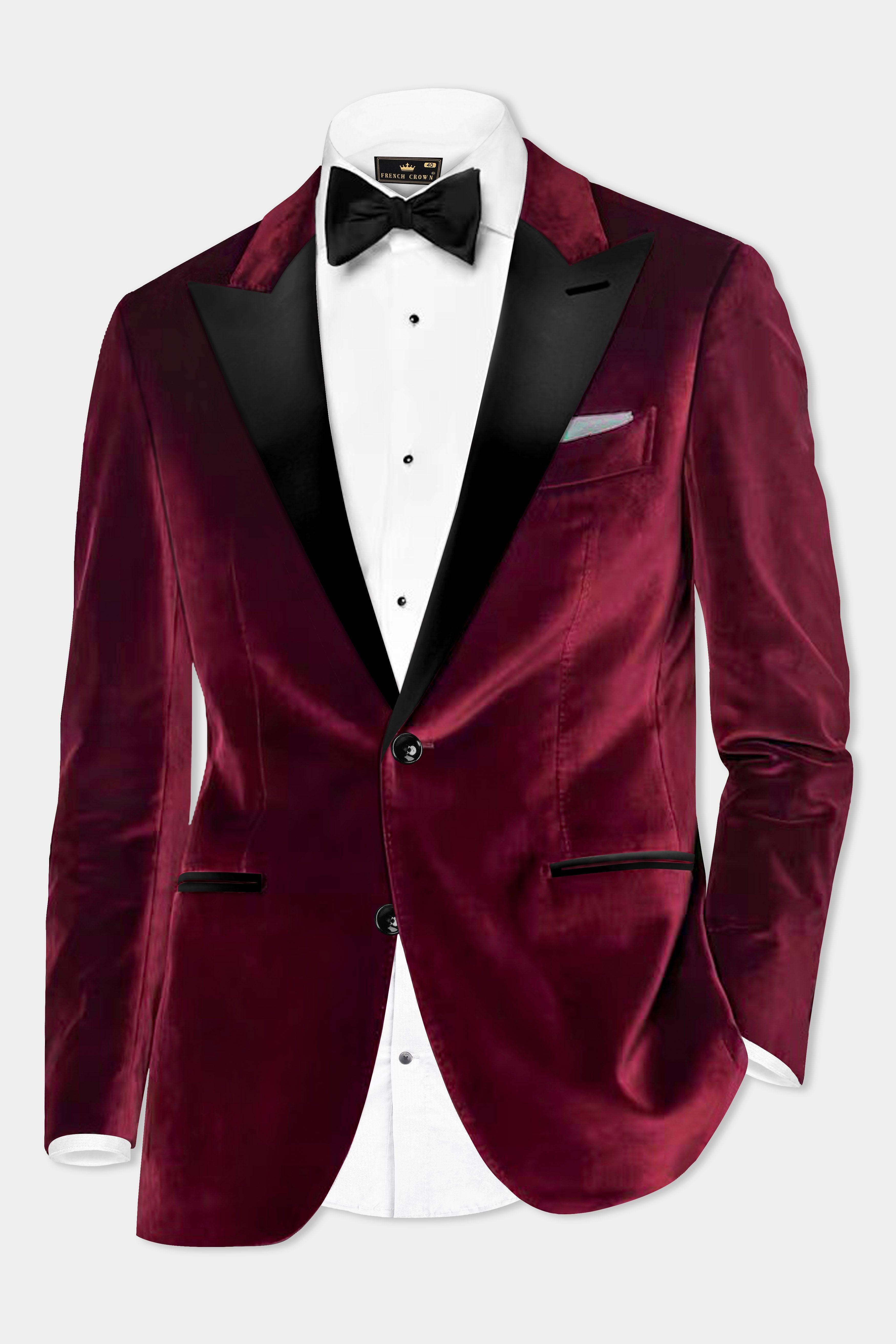 Crimson Opulence-Aubergine Red Velvet Peak Collar Tuxedo Suit