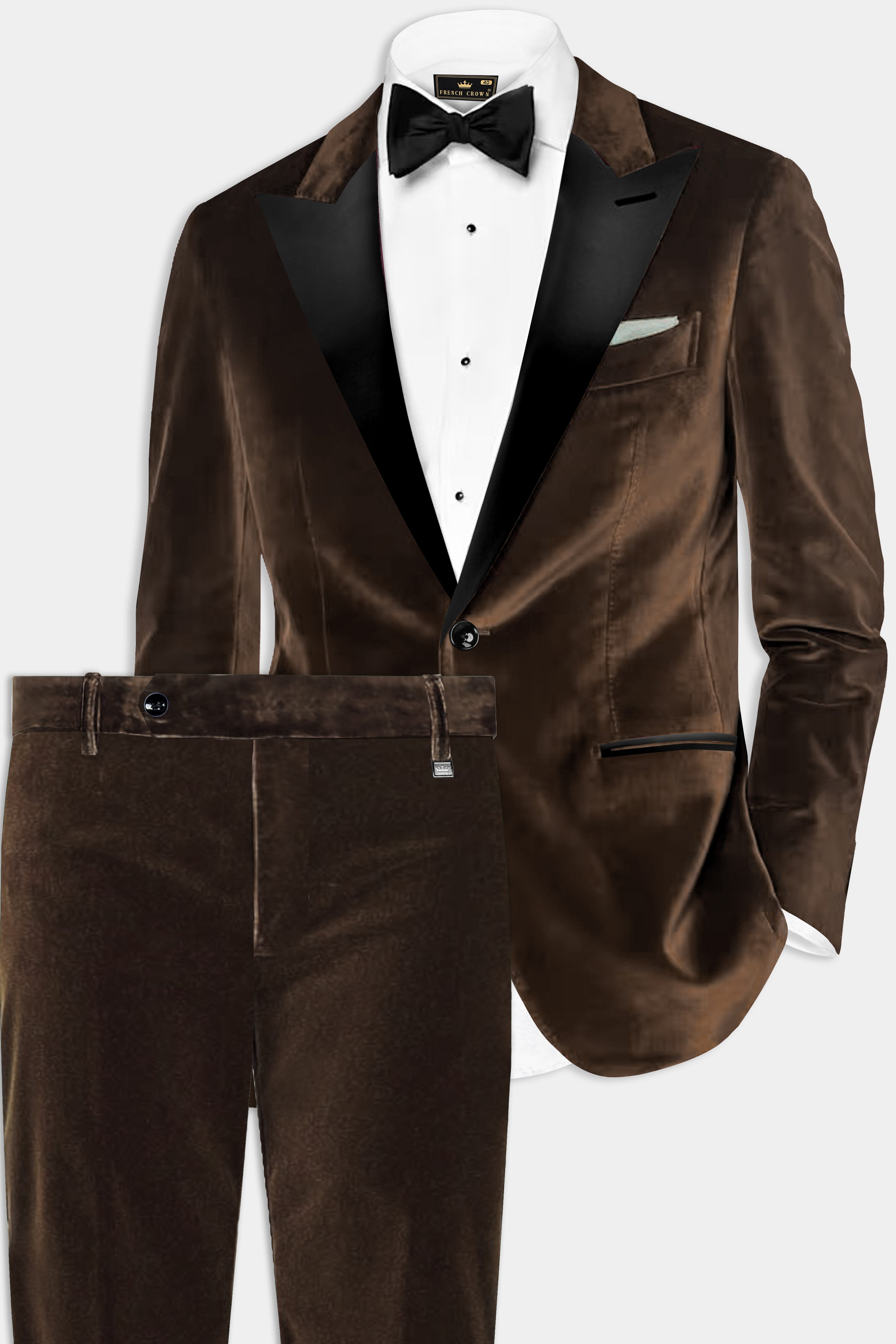 Espresso Elegance-Coffee Bean Velvet Peak Collar Tuxedo Suit