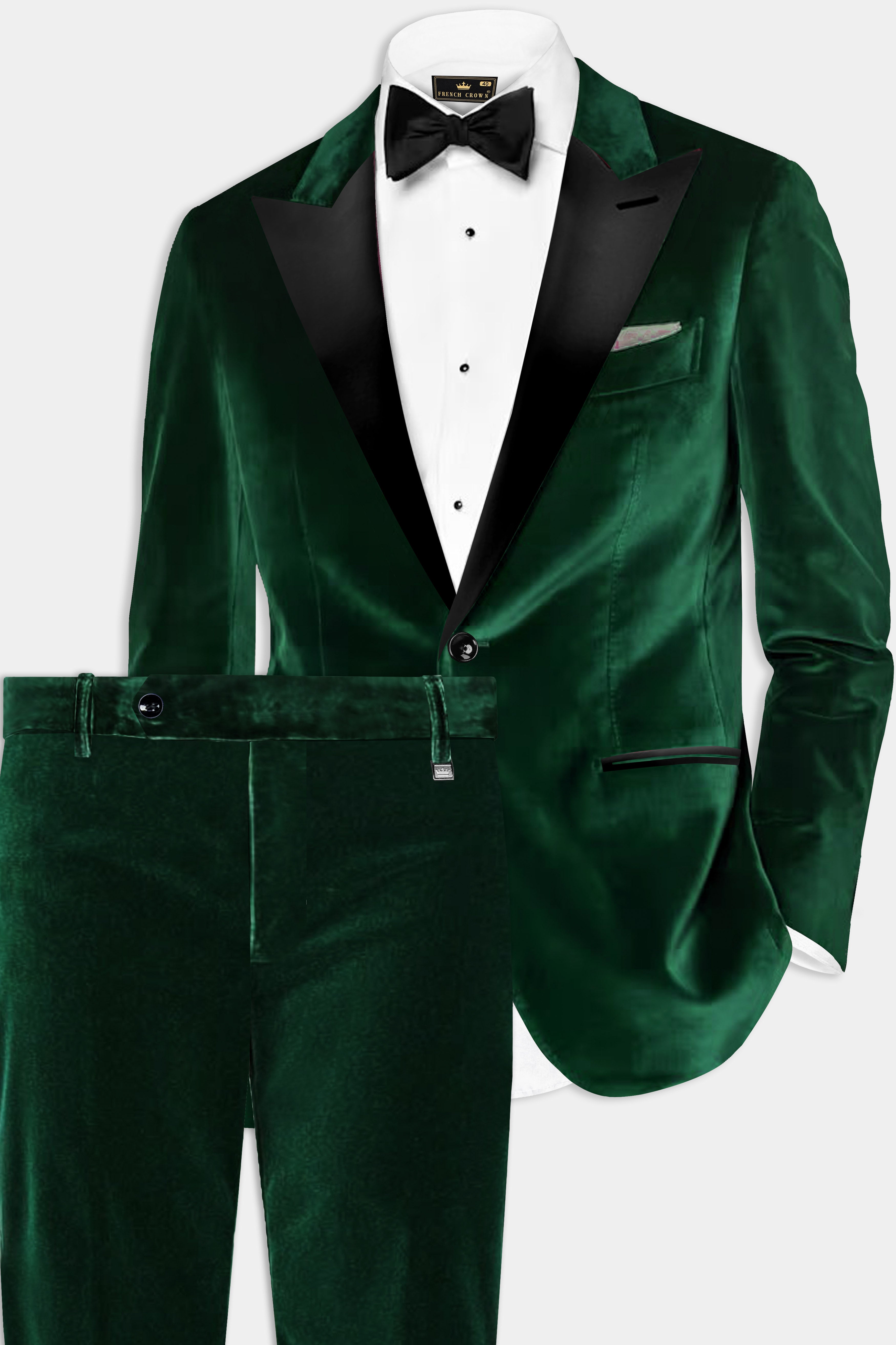 Verdant Majesty-English Holly Green Velvet Peak Collar Tuxedo Suit