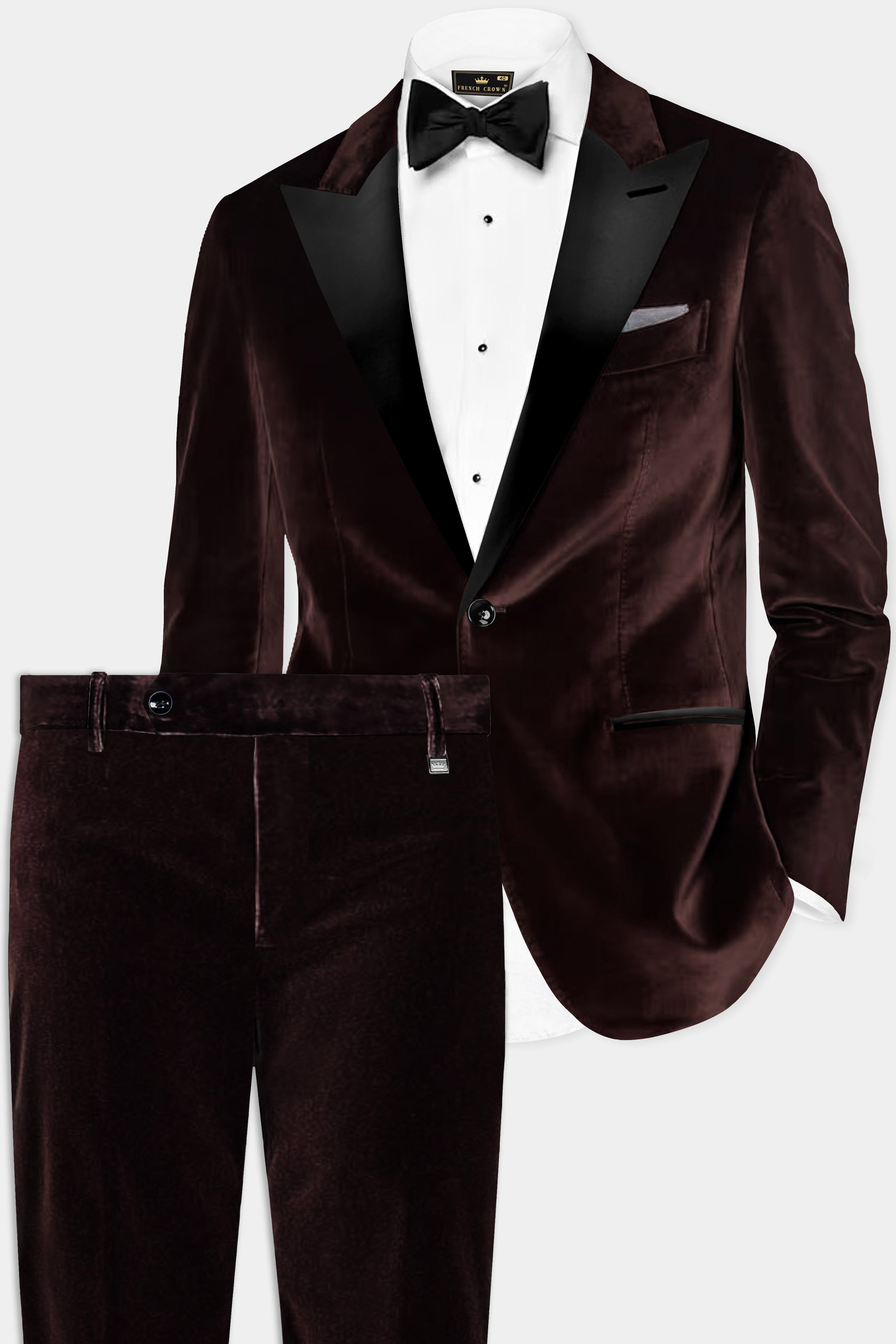 Mahogany Charm-Creole Dark Brown Velvet Peak Collar Tuxedo Suit