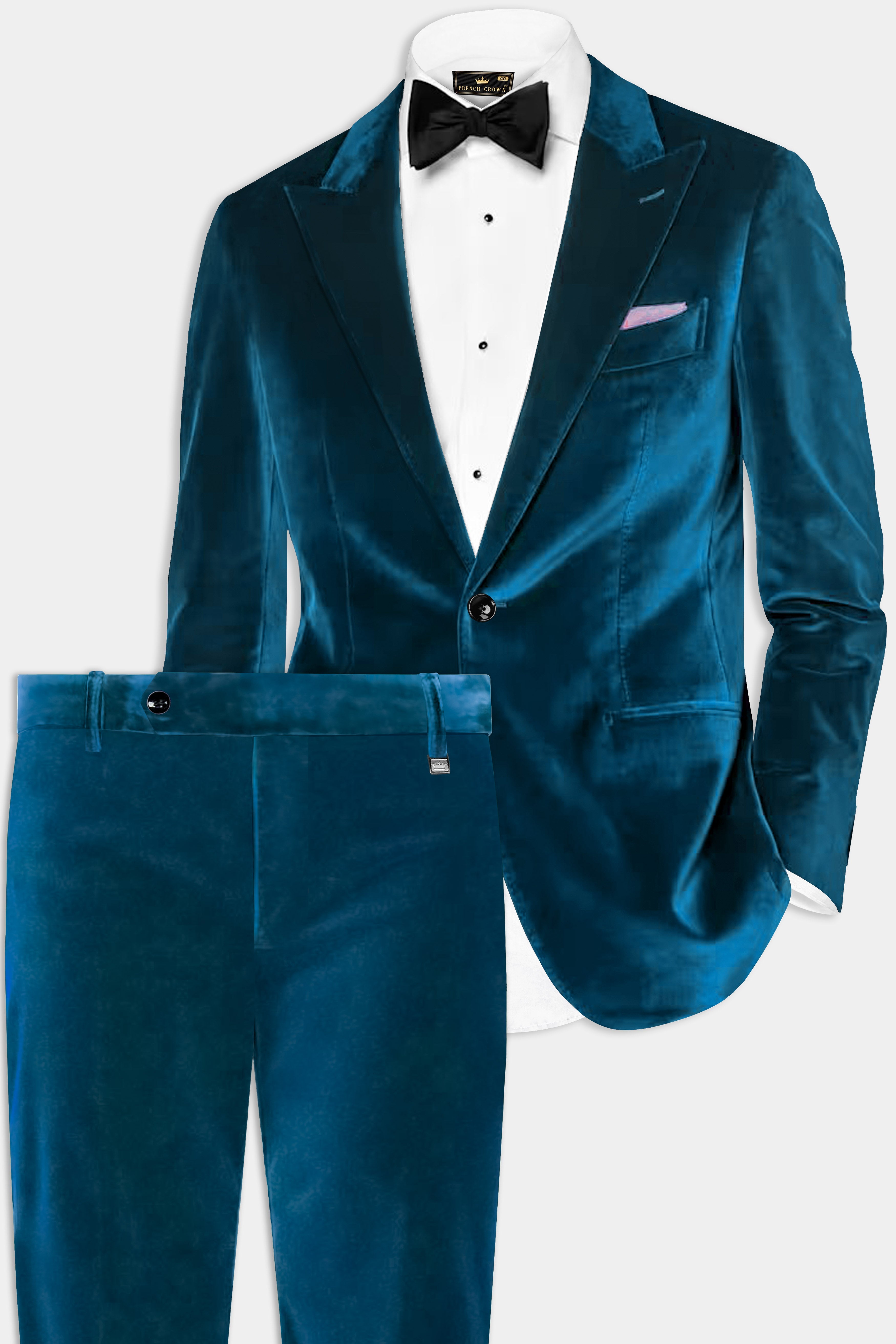 Azure Regal-Prussian Blue Velvet Single Breasted Peak lapel Suit