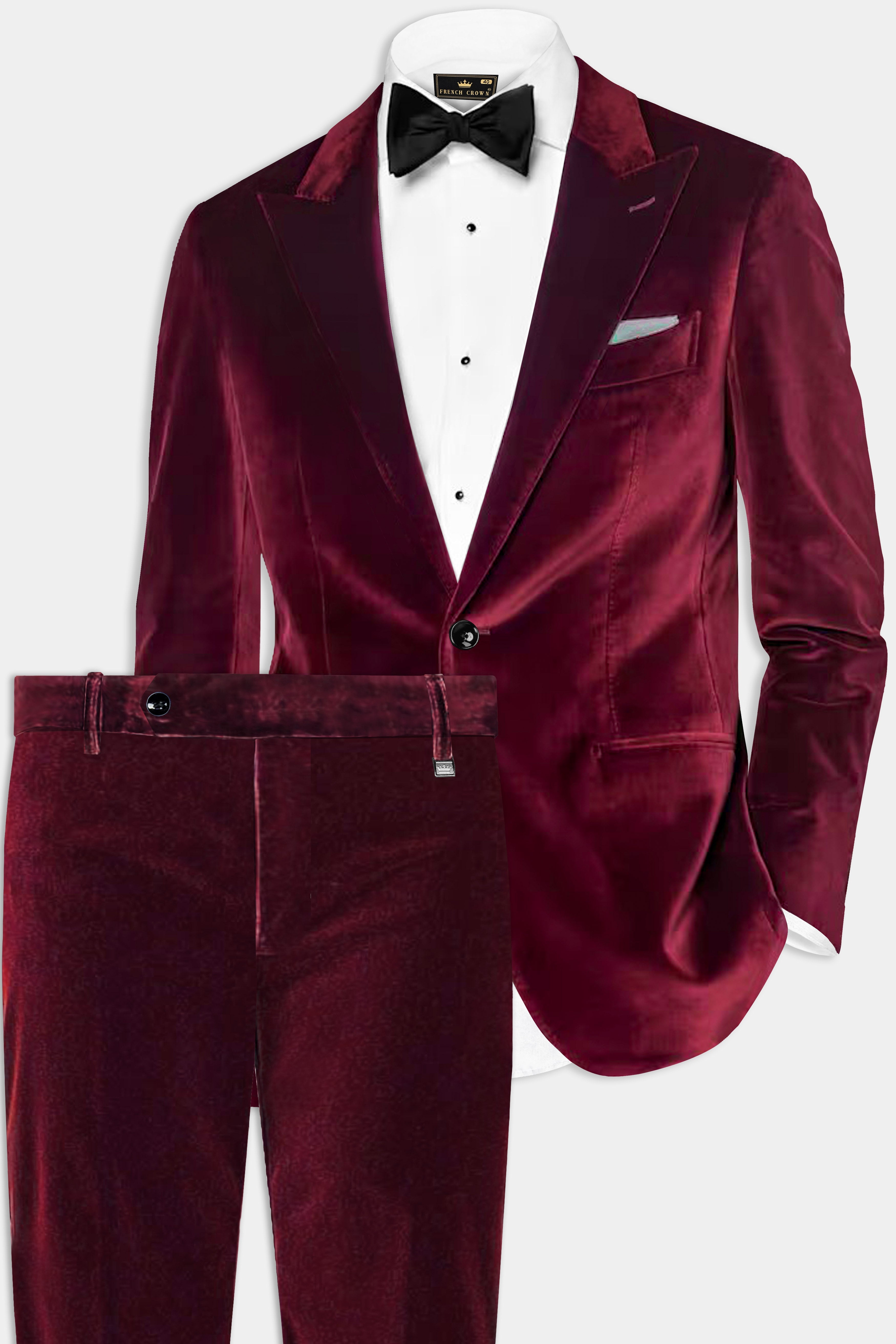 Crimson Opulence-Aubergine Red Velvet Single Breasted Peak lapel Suit