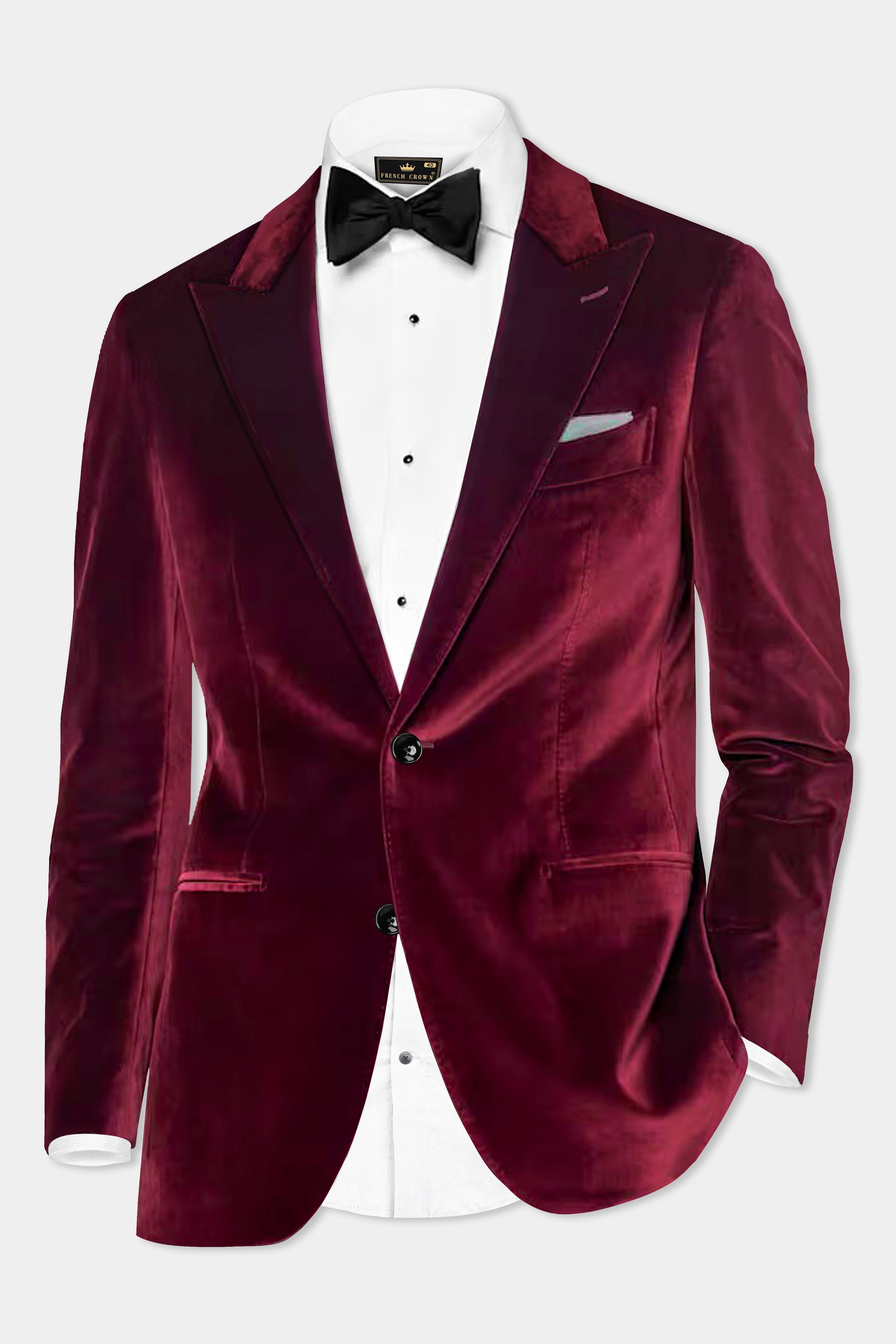 Crimson Opulence-Aubergine Red Velvet Single Breasted Peak lapel Suit