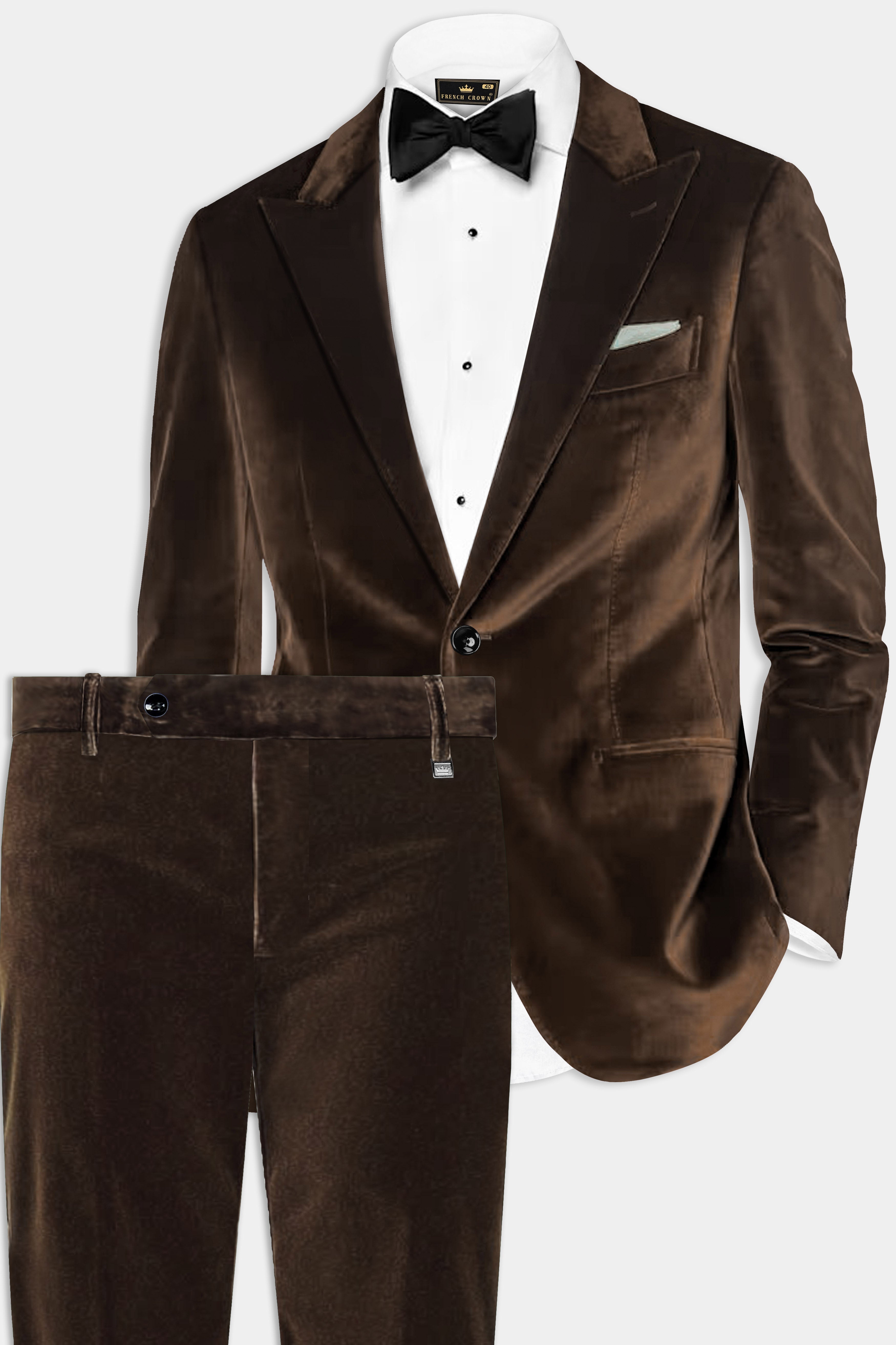 Espresso Elegance-Coffee Bean Velvet Single Breasted Peak lapel Suit