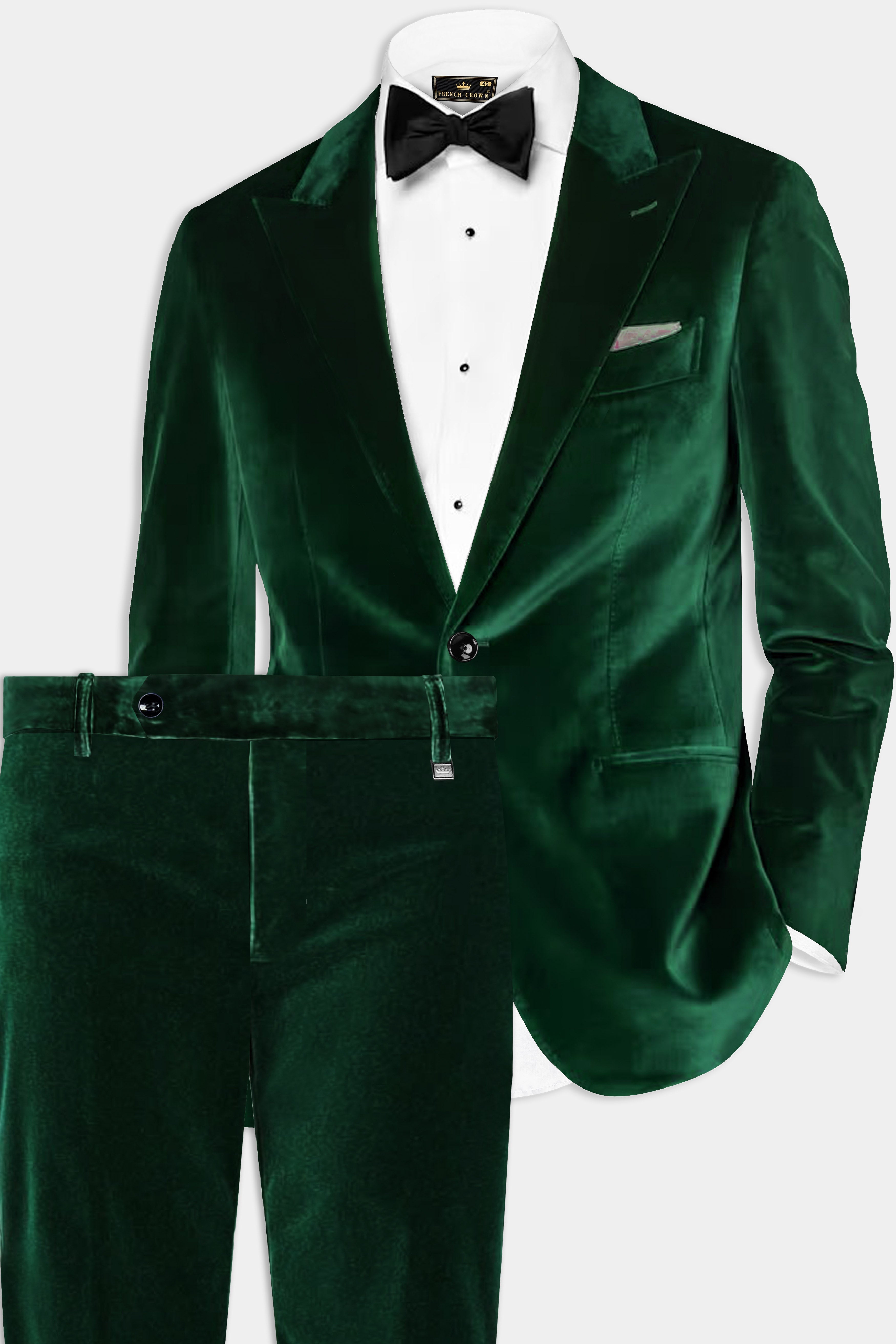 Verdant Majesty-English Holly Green Velvet Single Breasted Peak lapel Suit