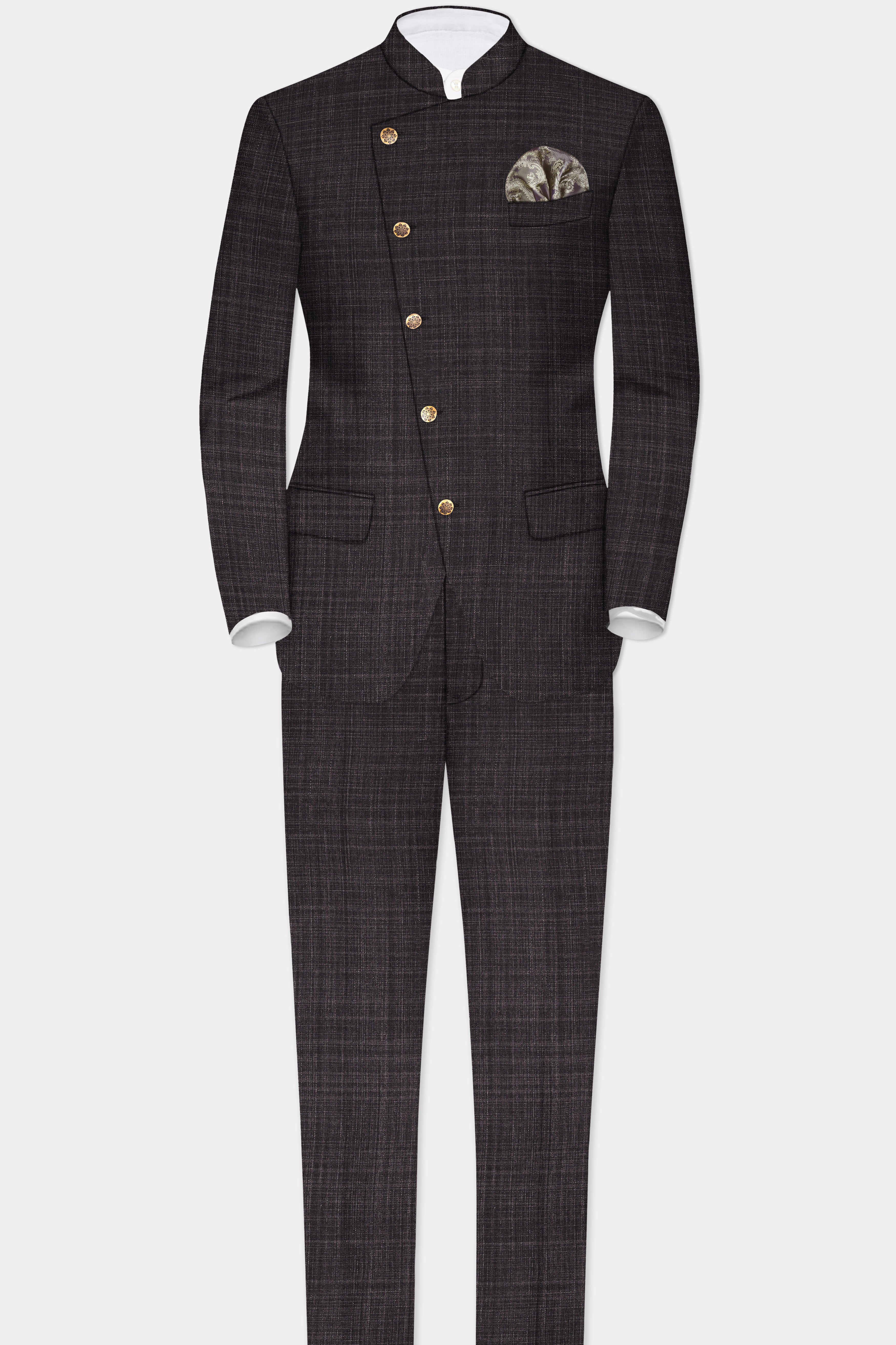 CaféNoir-Piano Brown Textured Wool Rich Cross Placket Bandhgala Suit