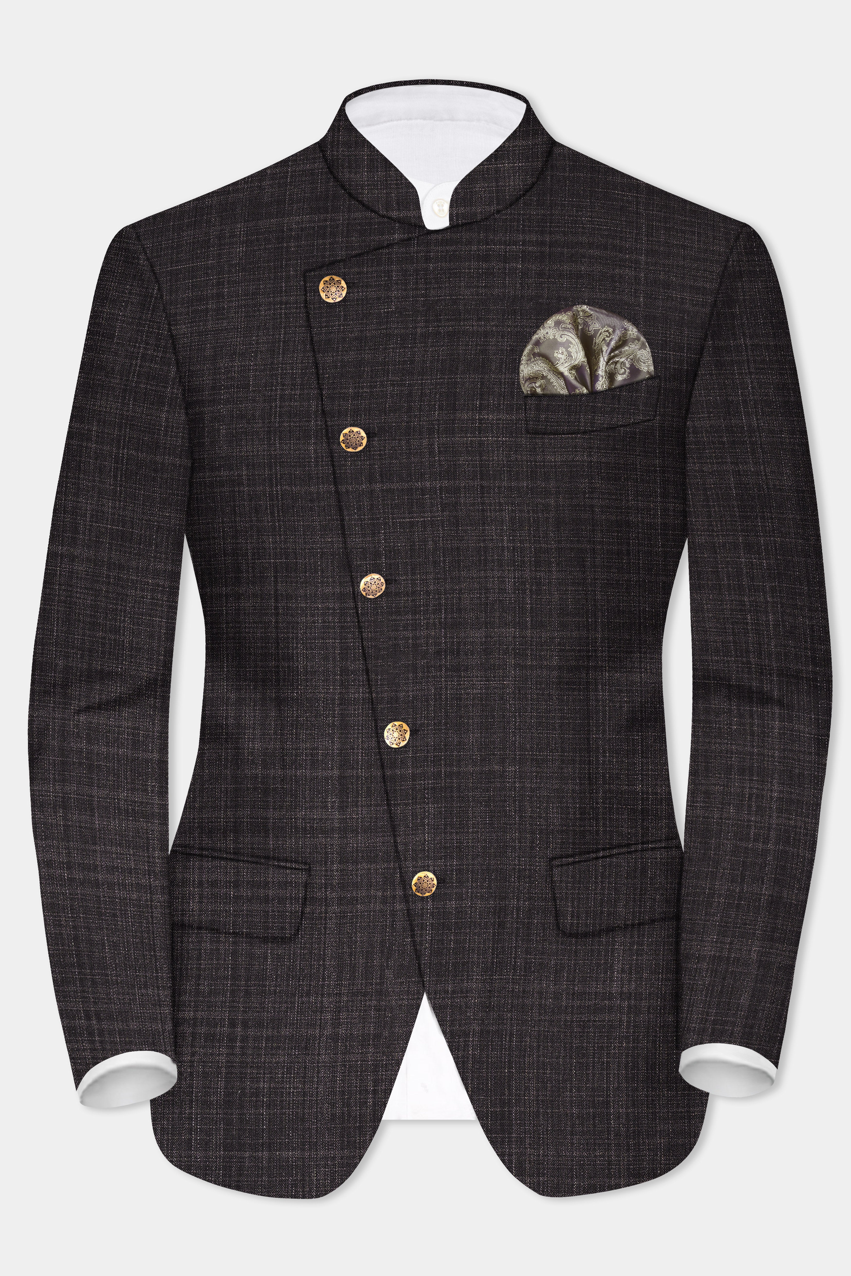 CaféNoir-Piano Brown Textured Wool Rich Cross Placket Bandhgala Suit