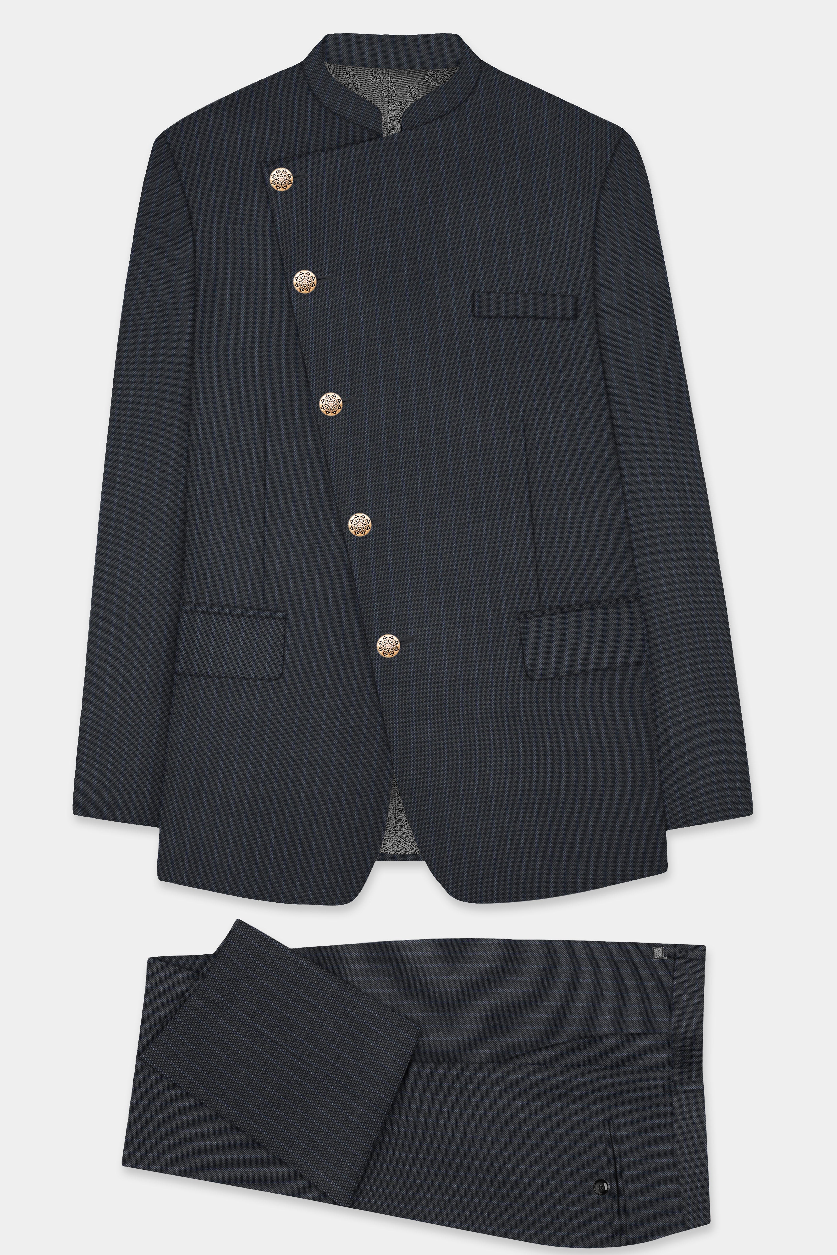 GraphiteSlim-Mine Shaft Gray Stripes Dobby Textured Wool Rich Cross Placket Bandhgala Suit