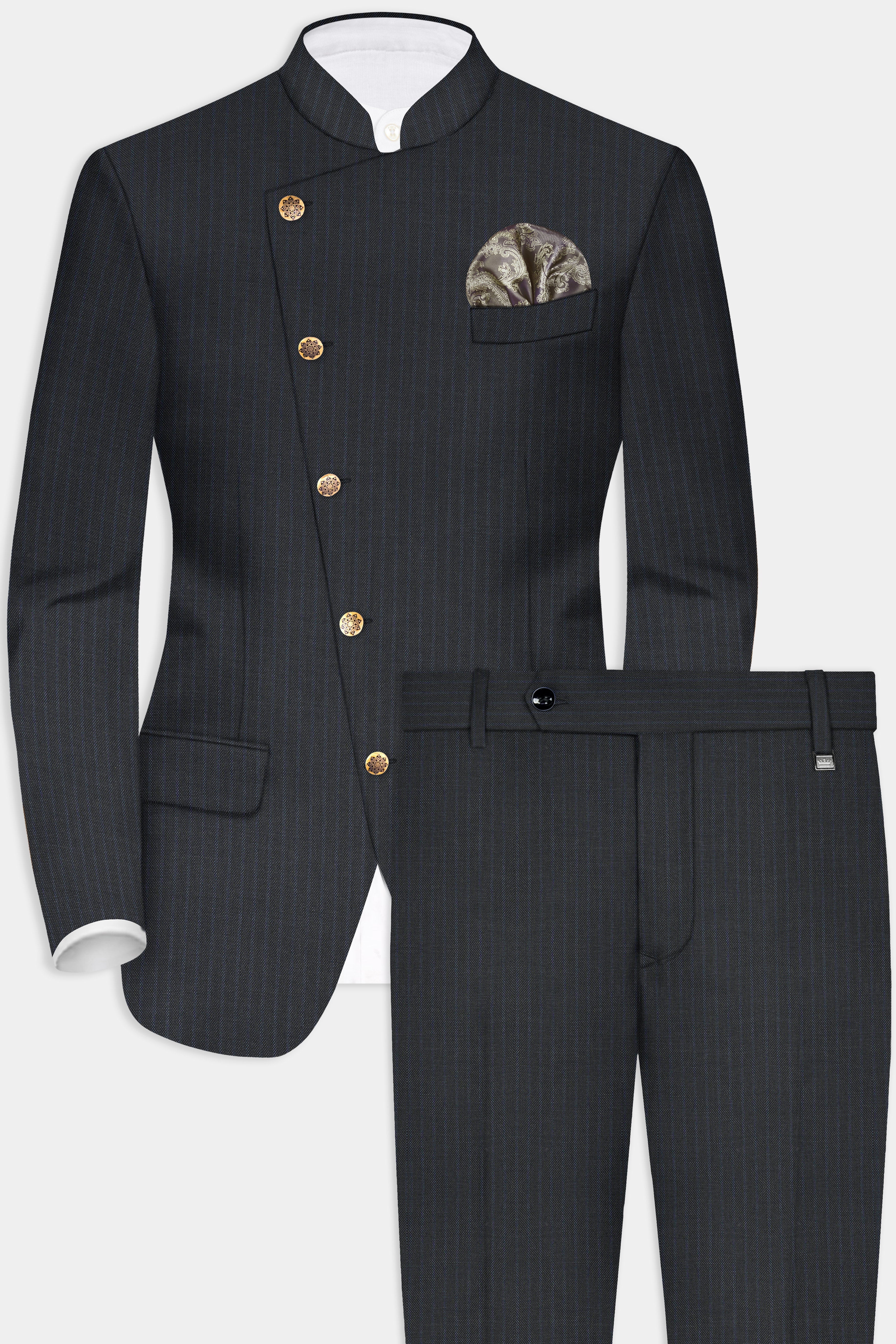 GraphiteSlim-Mine Shaft Gray Stripes Dobby Textured Wool Rich Cross Placket Bandhgala Suit