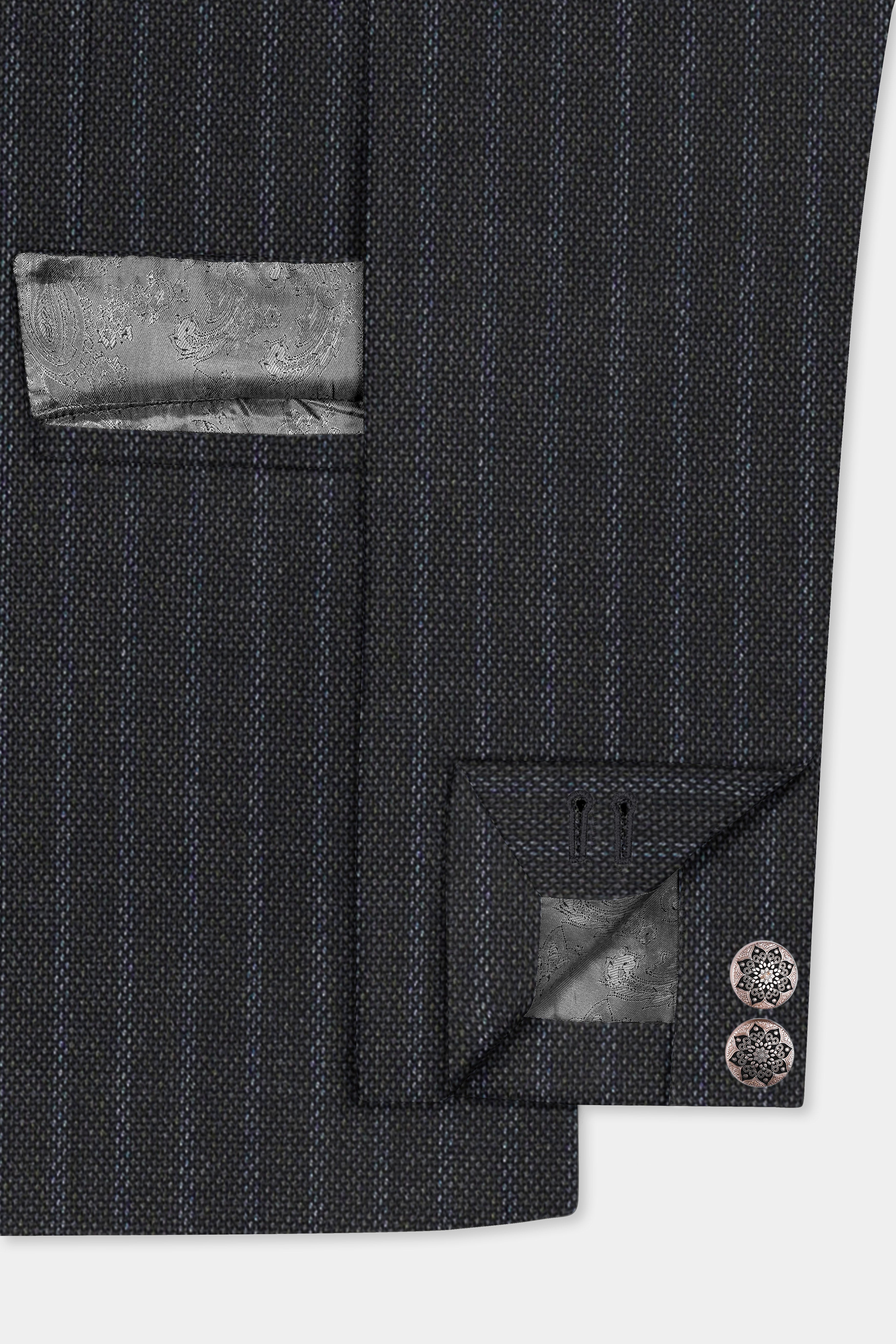 GraphiteSlim-Mine Shaft Gray Stripes Dobby Textured Wool Rich Cross Placket Bandhgala Suit