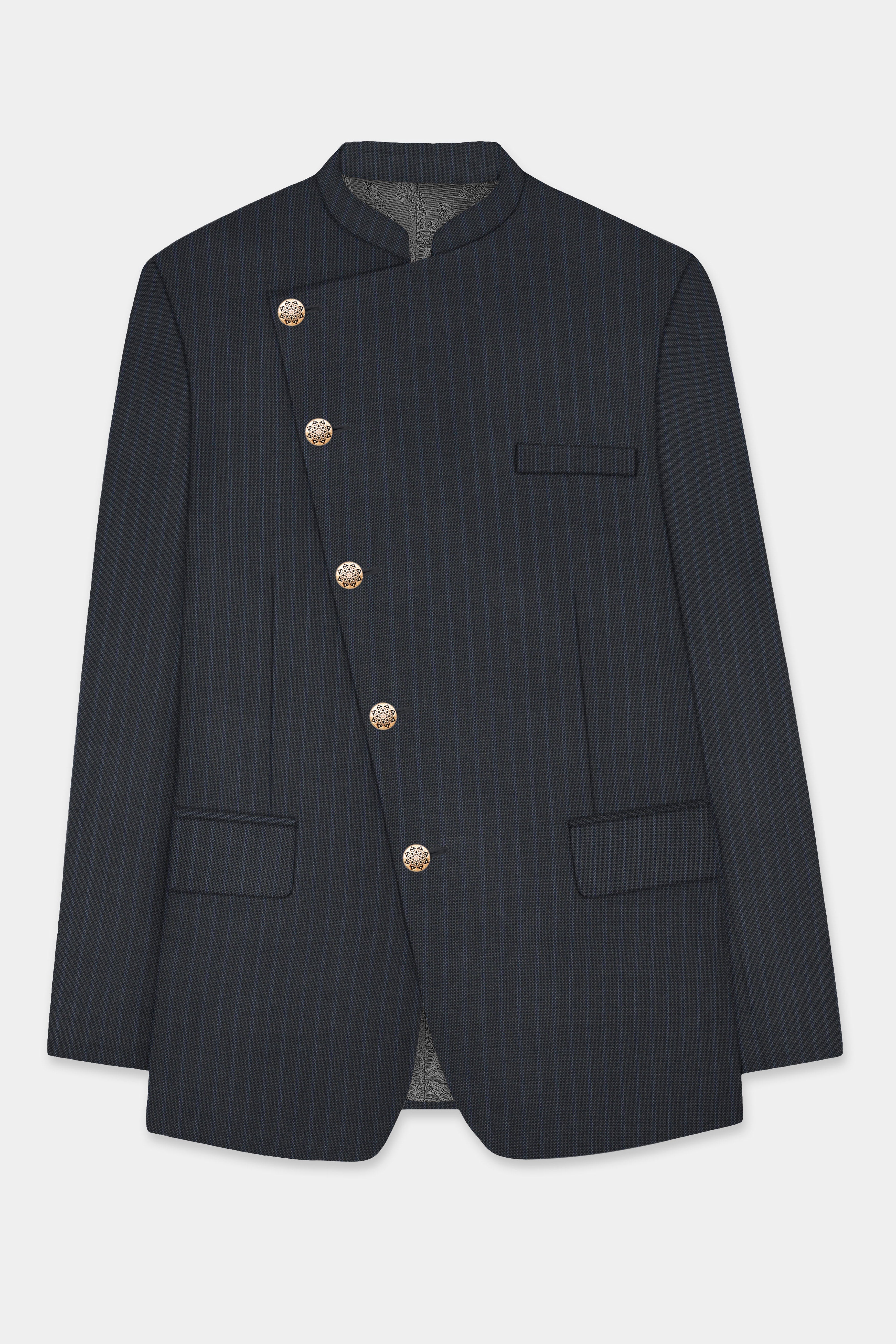 GraphiteSlim-Mine Shaft Gray Stripes Dobby Textured Wool Rich Cross Placket Bandhgala Suit