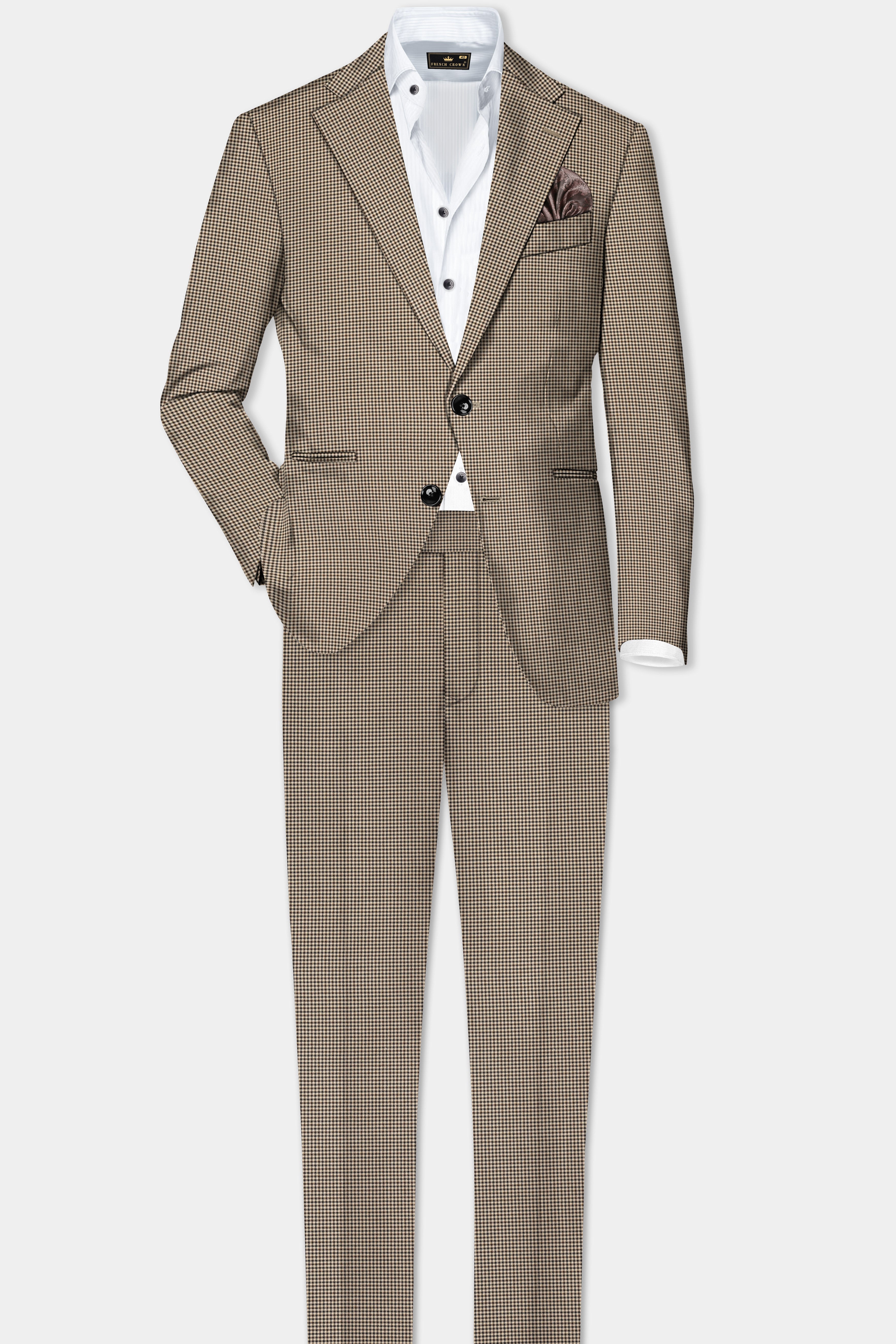 Mocha-Bison Cream And Swirl Brown Gingham Checked Wool Rich Single Breasted Suit