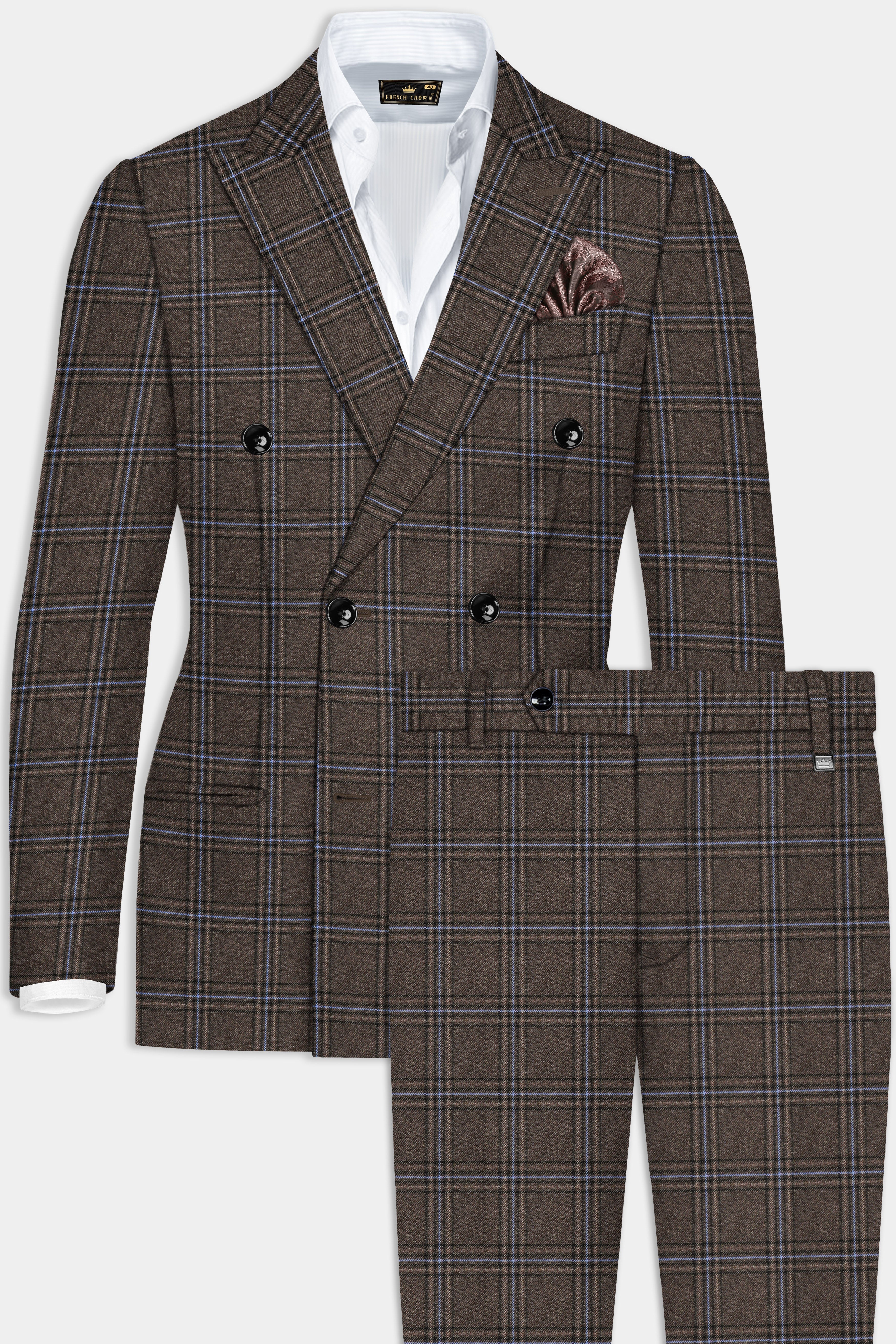 Tweed Crest-Bistre Brown Plaid Double Breasted Suit