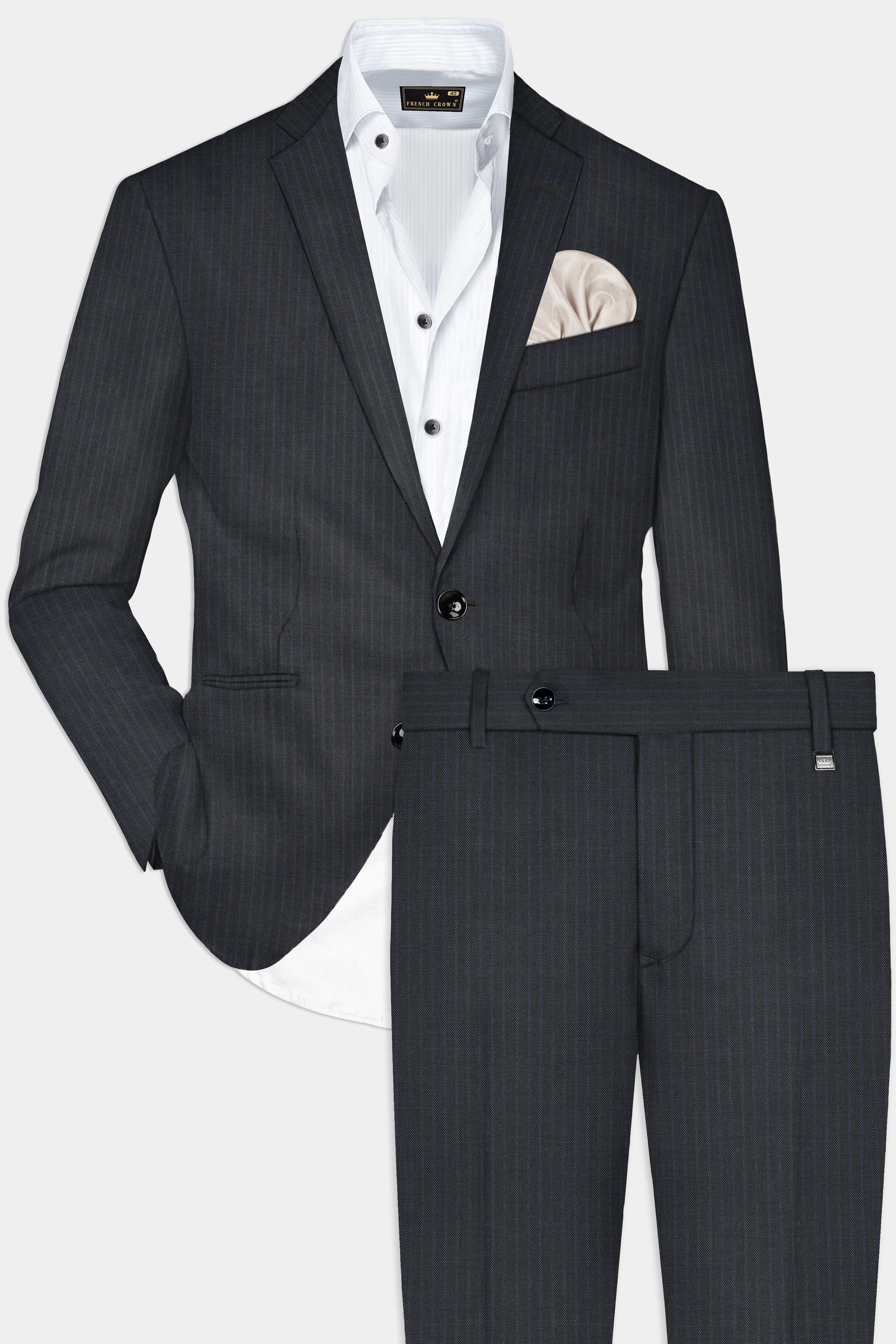 GraphiteSlim-Mine Shaft Gray Stripes Dobby Textured Wool Rich Single Breasted Slim Lapel Suit