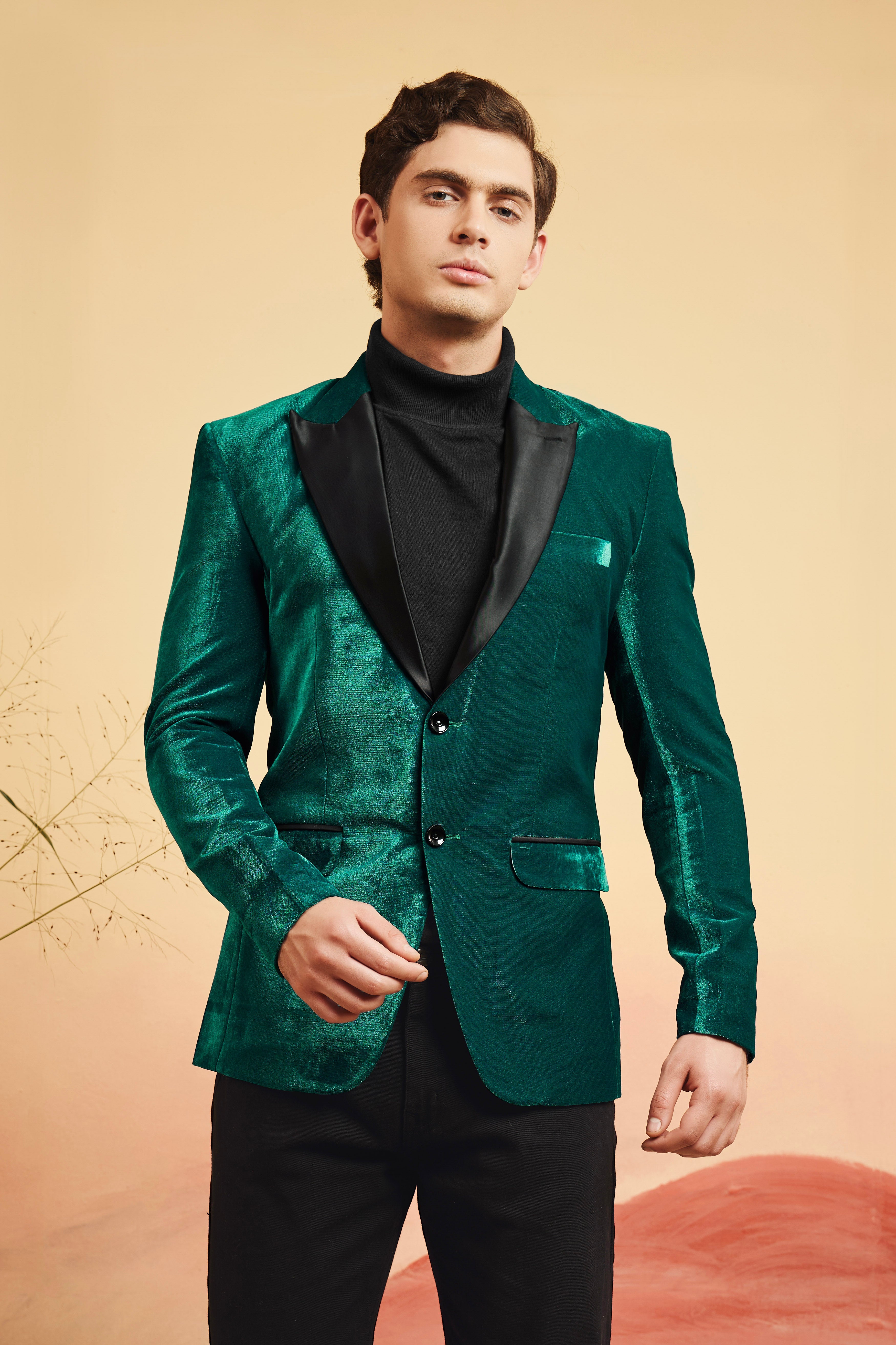 Emerald-Daintree Green Textured Velvet Peak Collar Tuxedo Suit