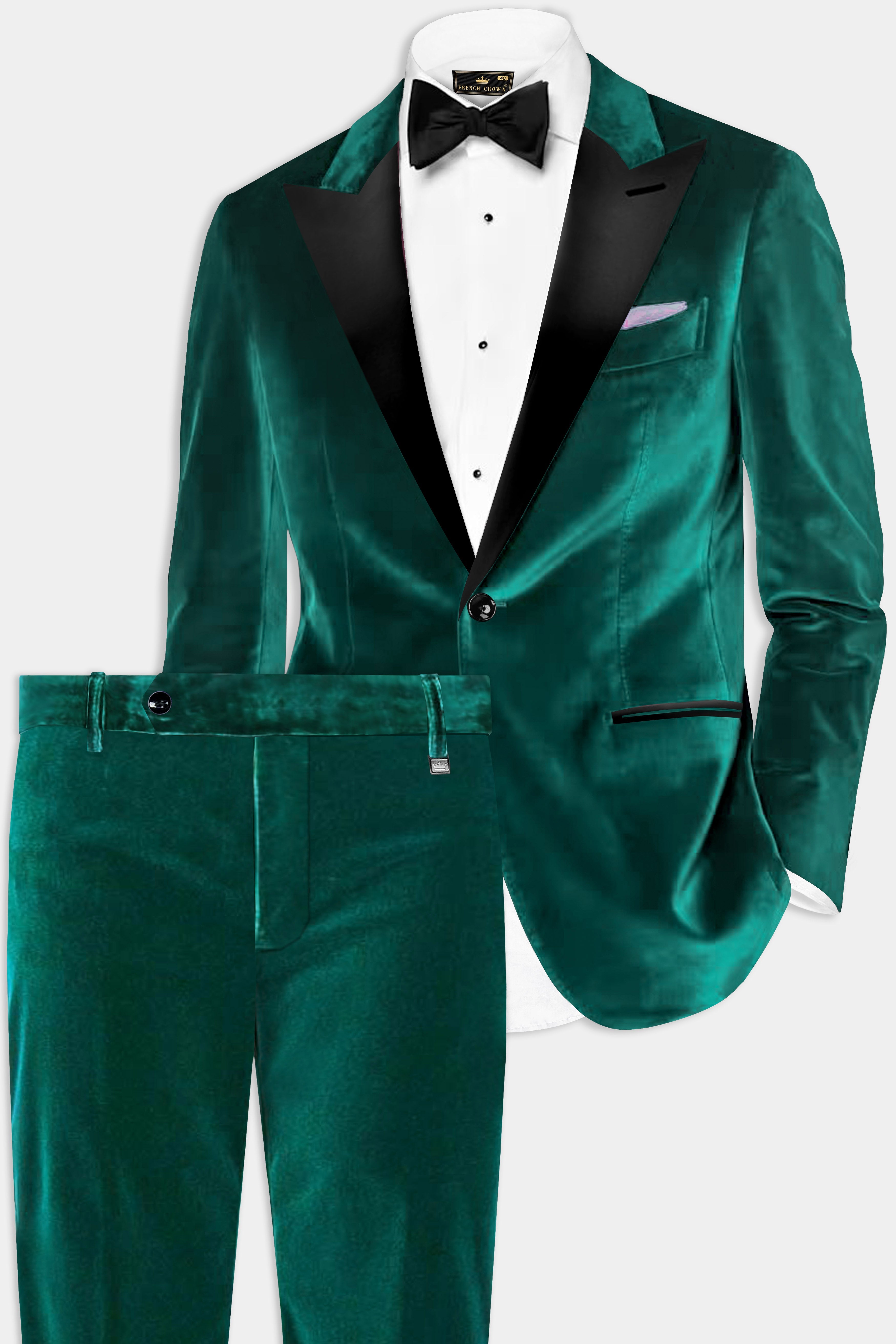 Emerald-Daintree Green Textured Velvet Peak Collar Tuxedo Suit