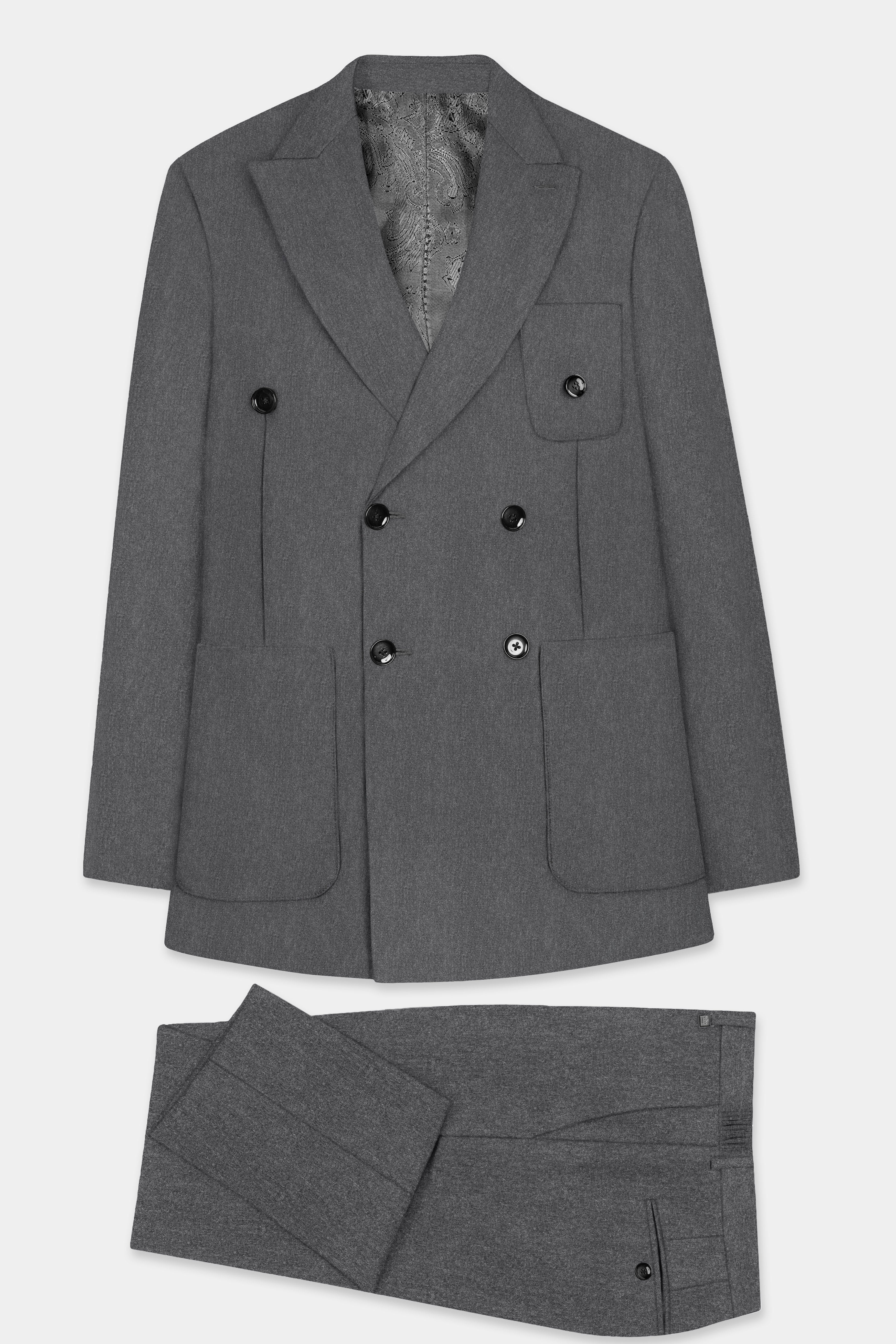 Granite-Gravel Gray Textured Cotton Double Breasted Sports Suit