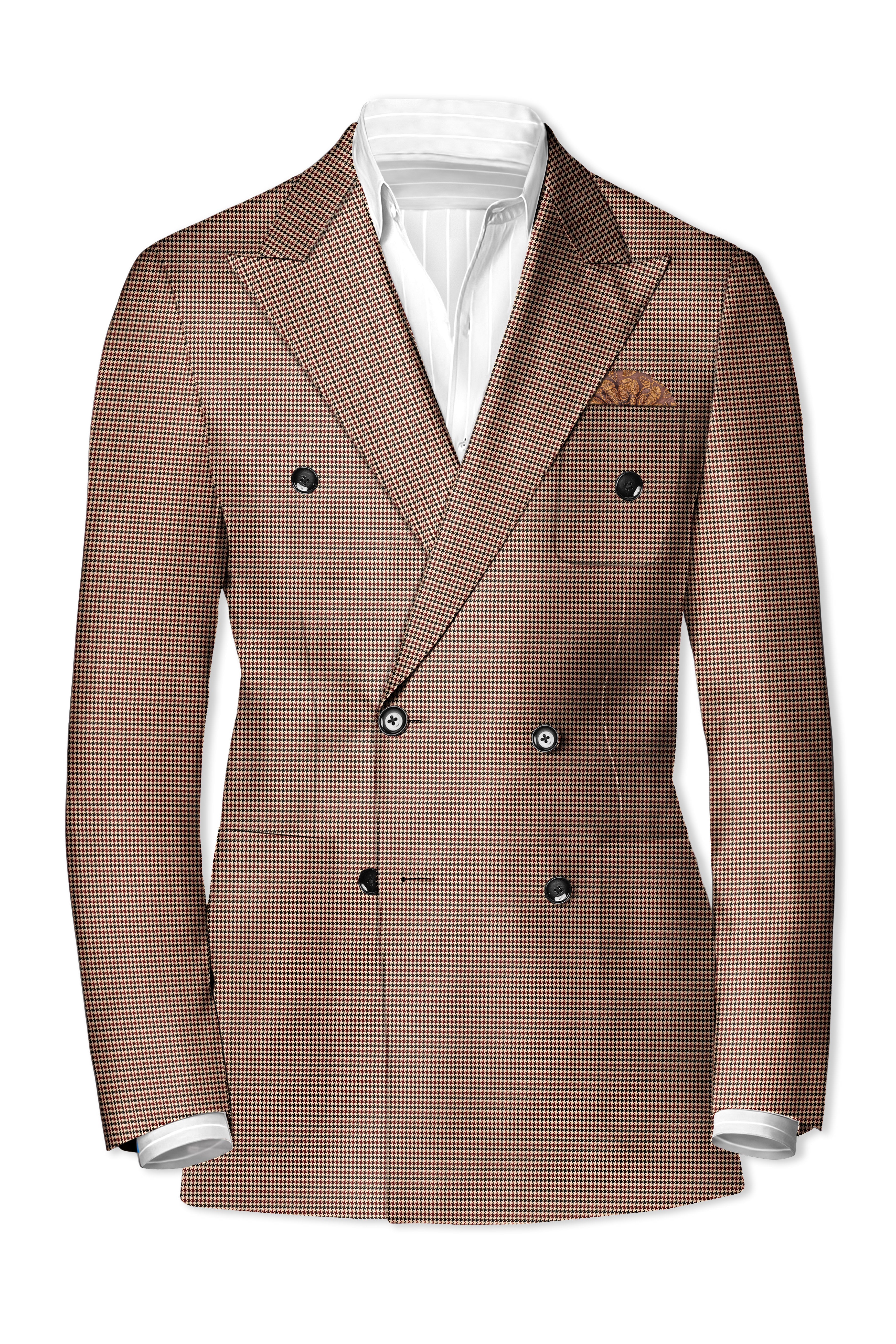 Majestic Rouge-Lotus Red And Almond Cream houndstooth Textured Wool Rich Double Breasted Sports Suit