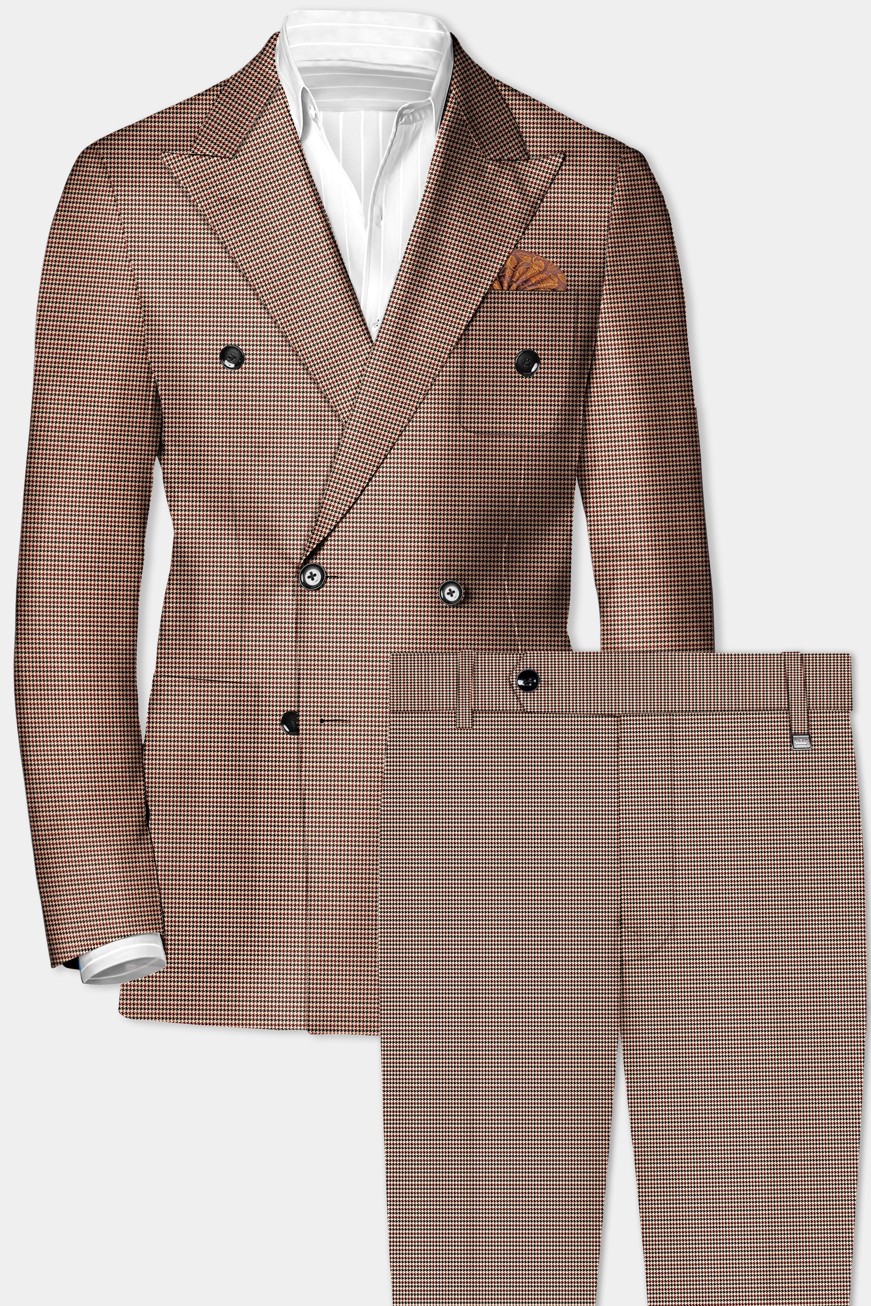 Majestic Rouge-Lotus Red And Almond Cream houndstooth Textured Wool Rich Double Breasted Sports Suit