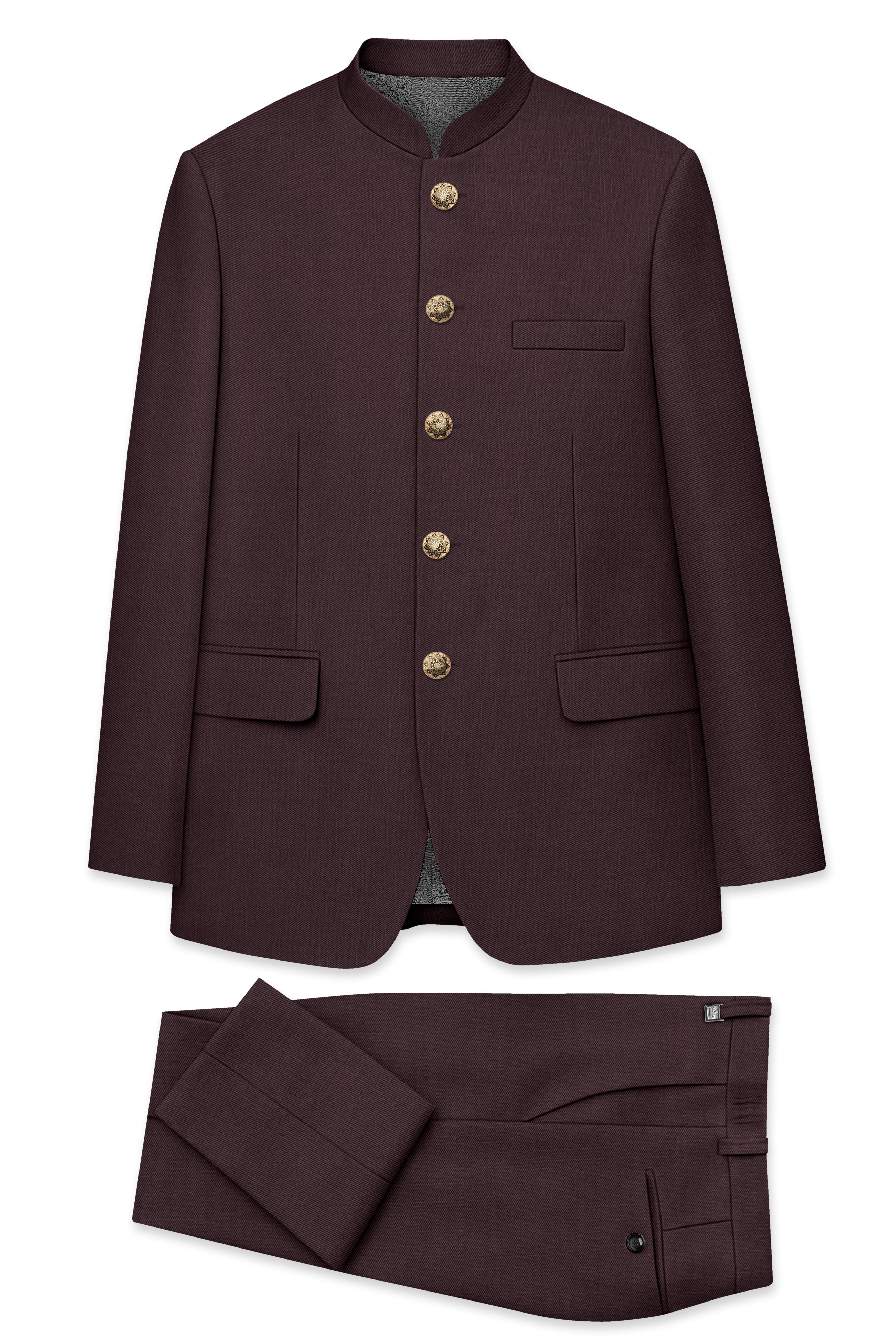 Espresso-Hickory Brown Solid Wool Rich Bandhgala Slight Stretch Suit