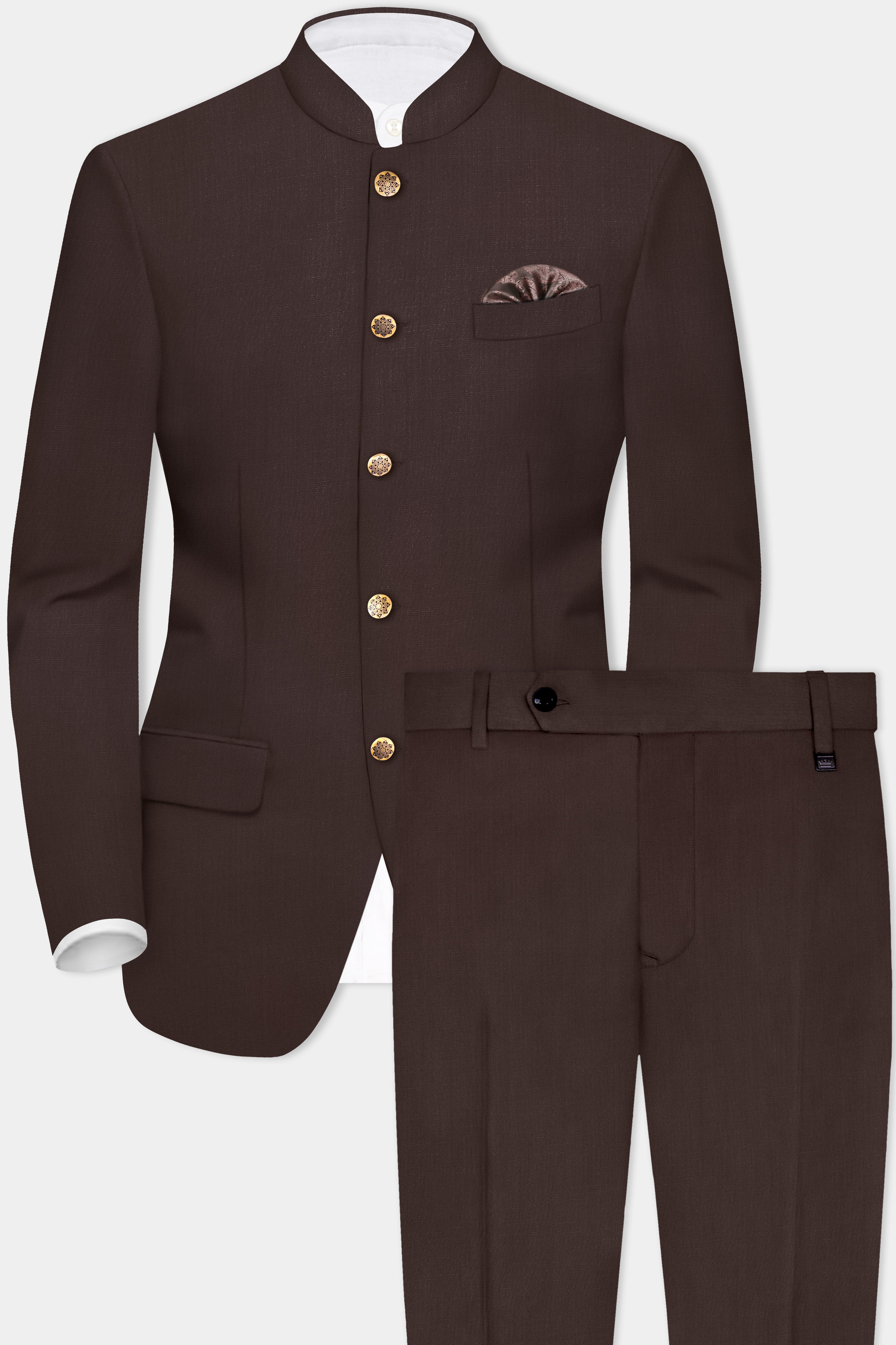 Espresso-Hickory Brown Solid Wool Rich Bandhgala Suit