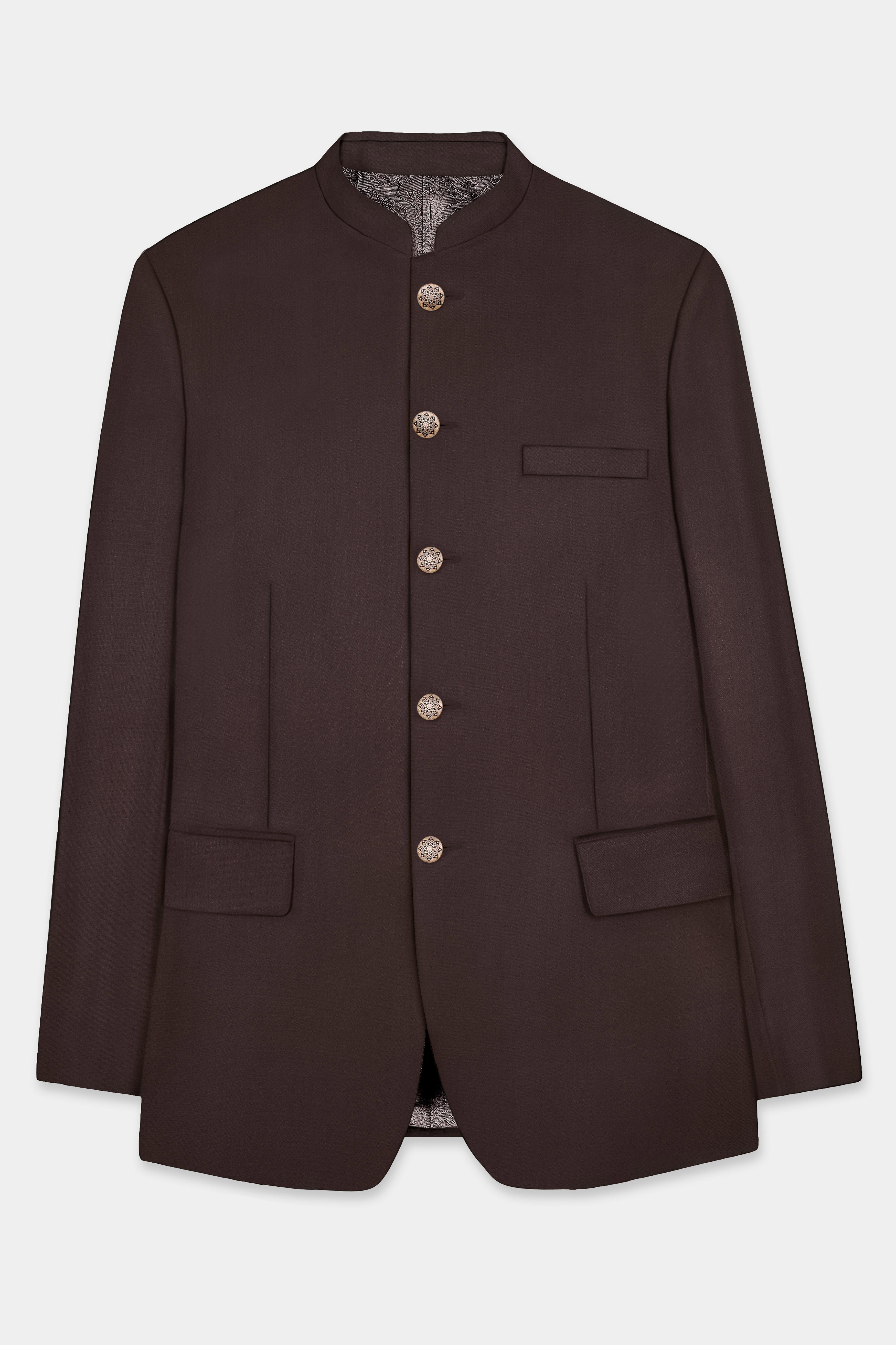 Espresso-Hickory Brown Solid Wool Rich Bandhgala Suit