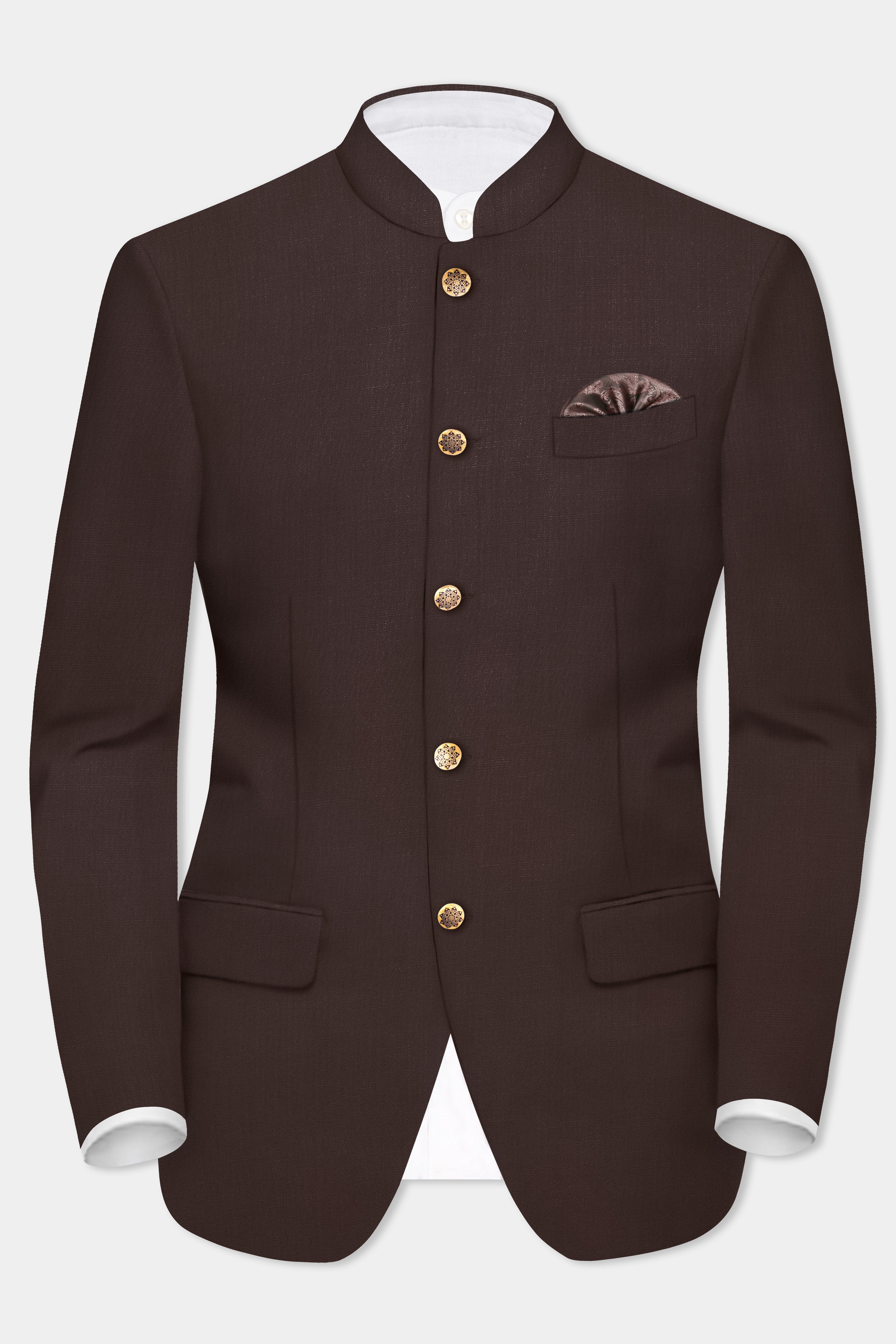 Espresso-Hickory Brown Solid Wool Rich Bandhgala Suit