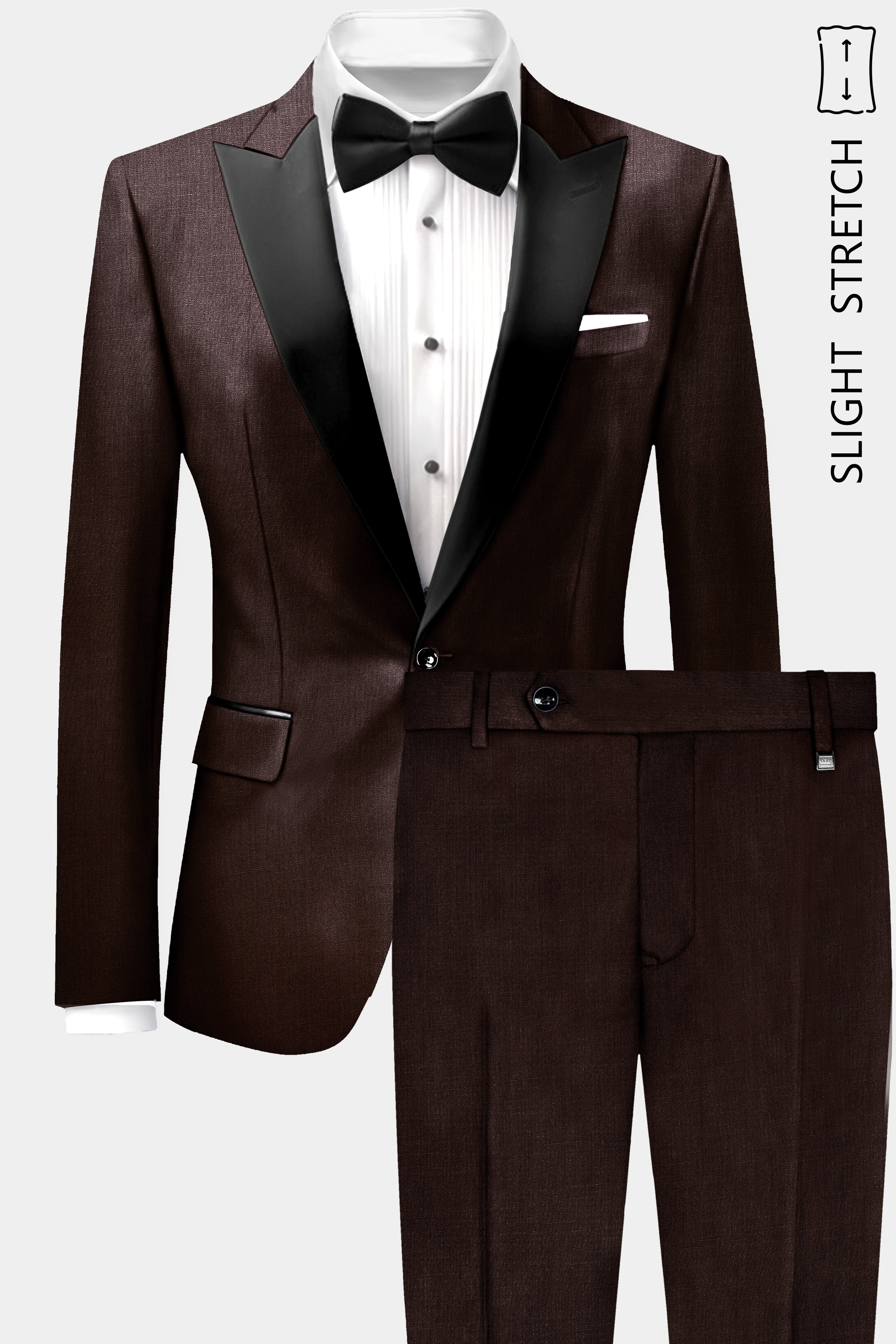 Espresso-Hickory Brown Solid Wool Rich Peak Lapel Tuxedo Slight Stretch Suit