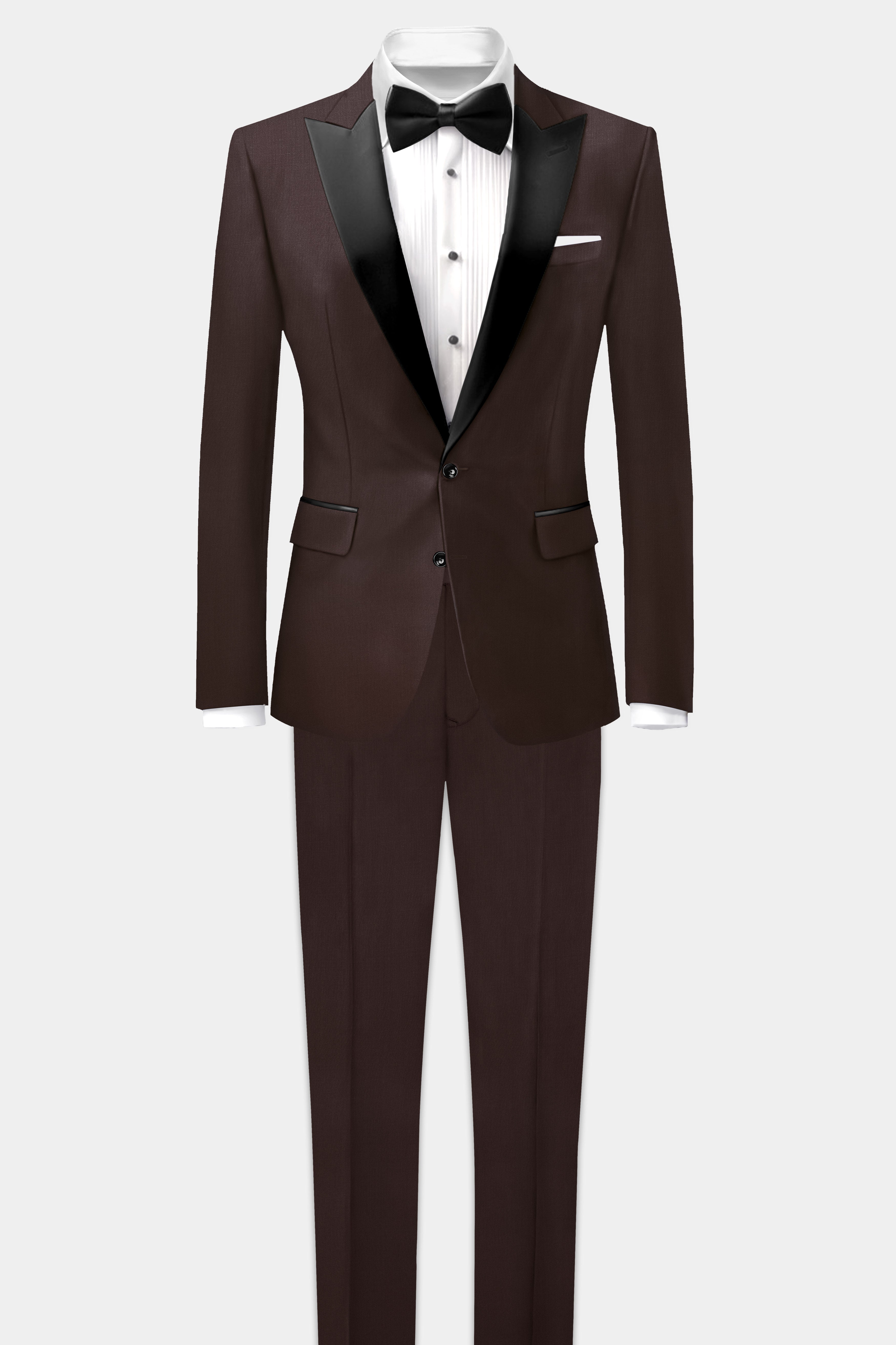 Espresso-Hickory Brown Solid Wool Rich Peak Lapel Tuxedo Suit