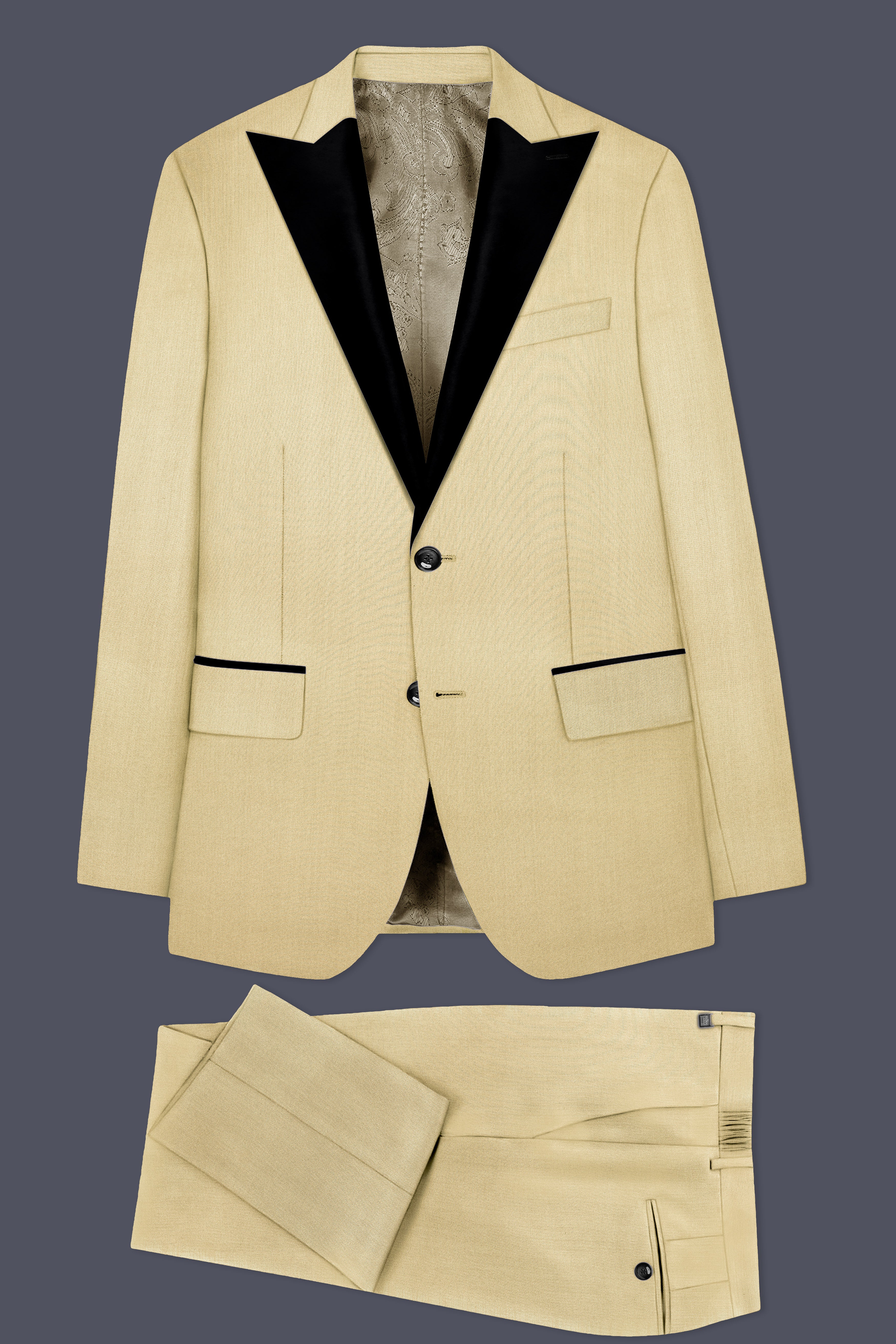 Ecru Classic-Pavlova Cream Solid Wool Rich Peak Lapel Tuxedo Suit