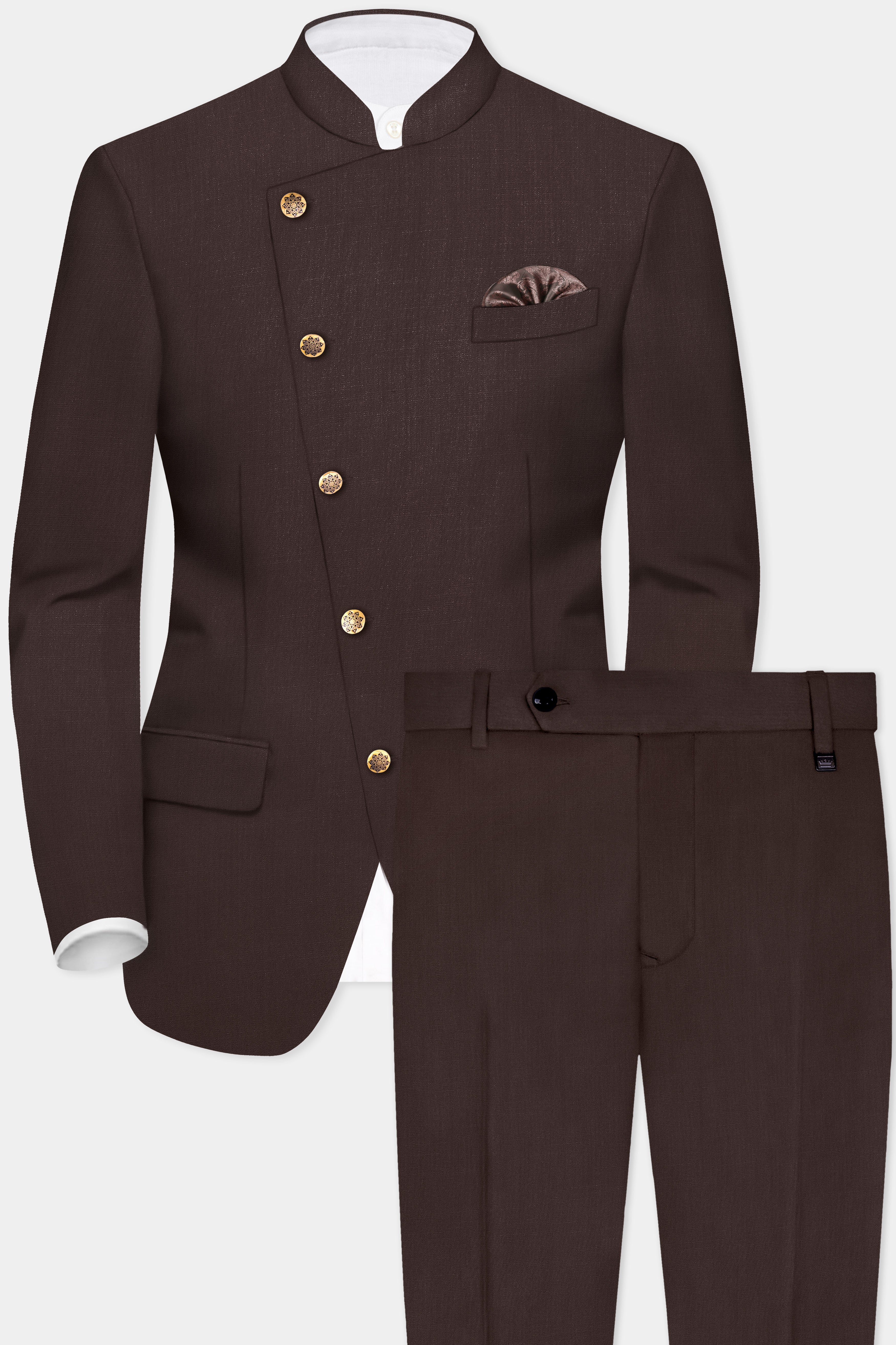 Espresso-Hickory Brown Solid Wool Rich Cross Placket Bandhgala Suit