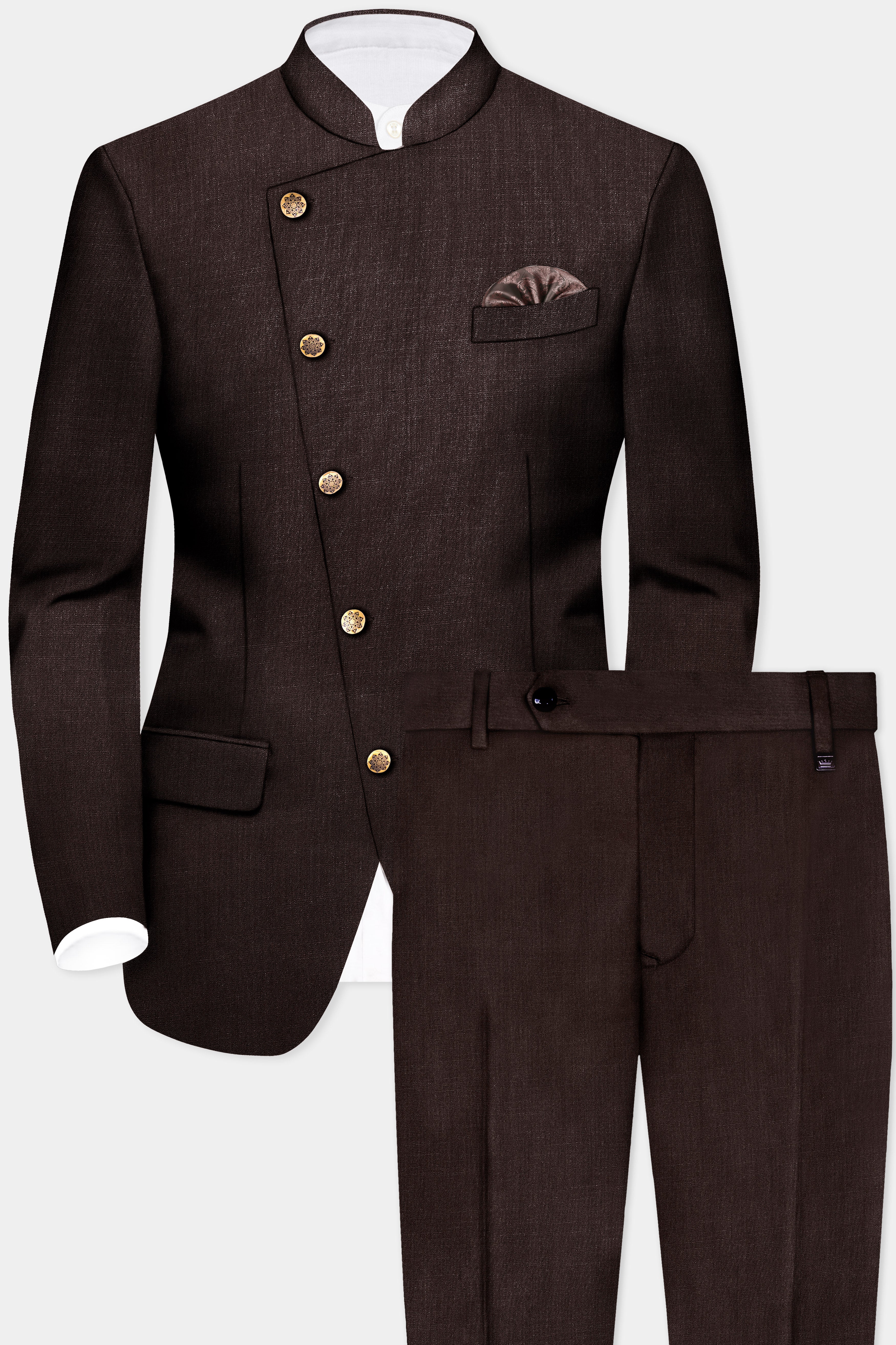 Espresso-Hickory Brown Solid Wool Rich Cross Placket Bandhgala Suit