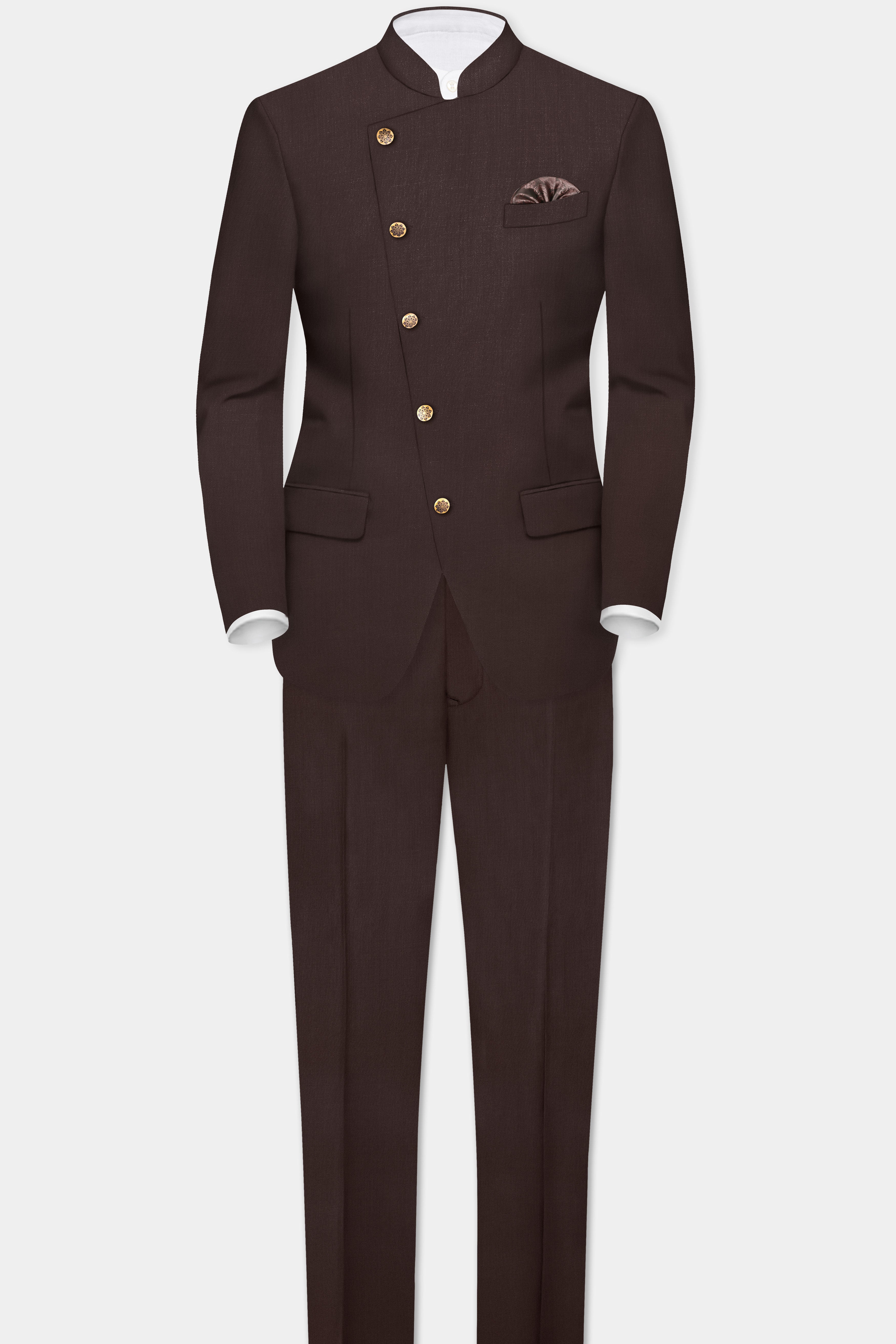 Espresso-Hickory Brown Solid Wool Rich Cross Placket Bandhgala Suit