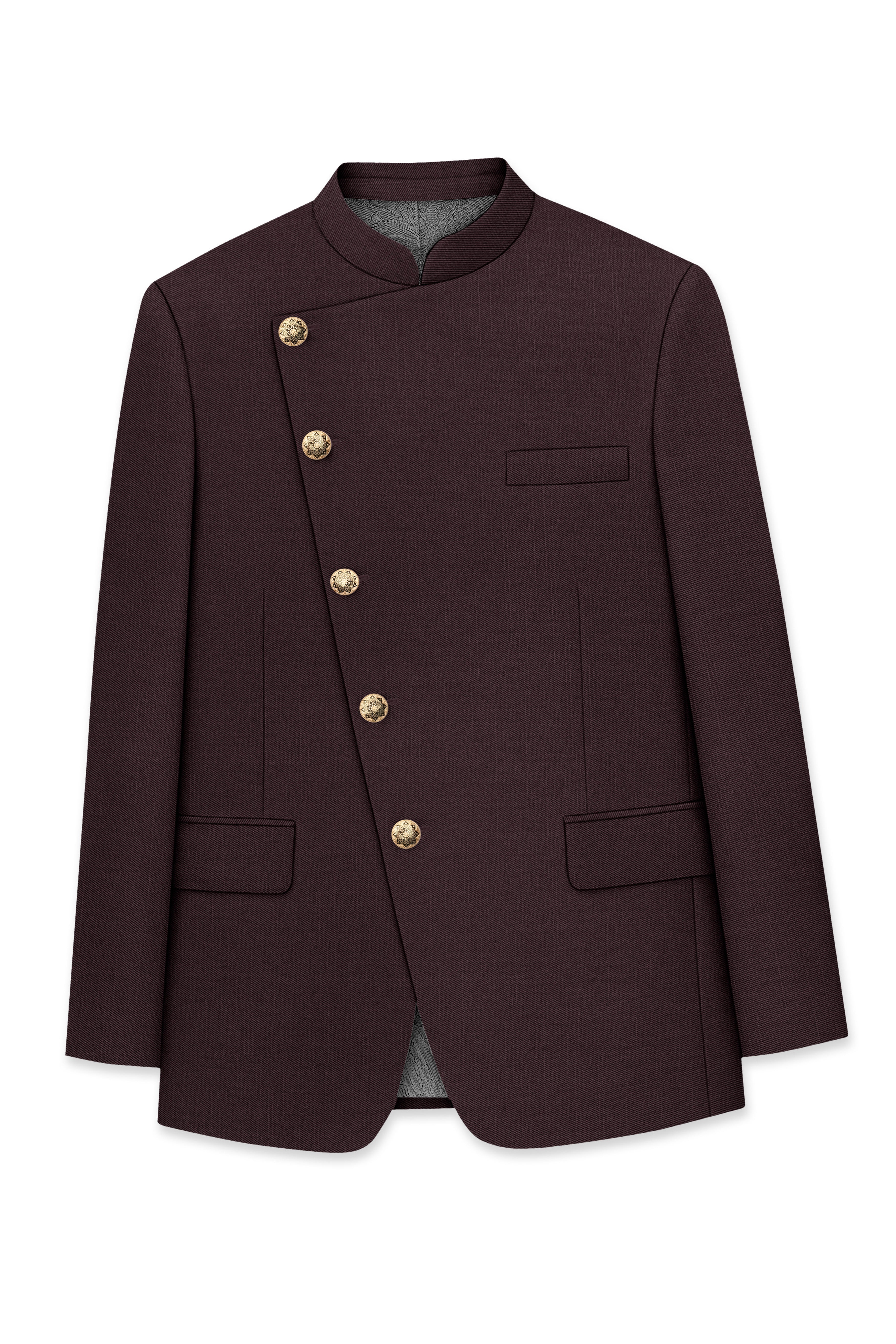 Espresso-Hickory Brown Solid Wool Rich Cross Placket Bandhgala Slight Stretch Suit