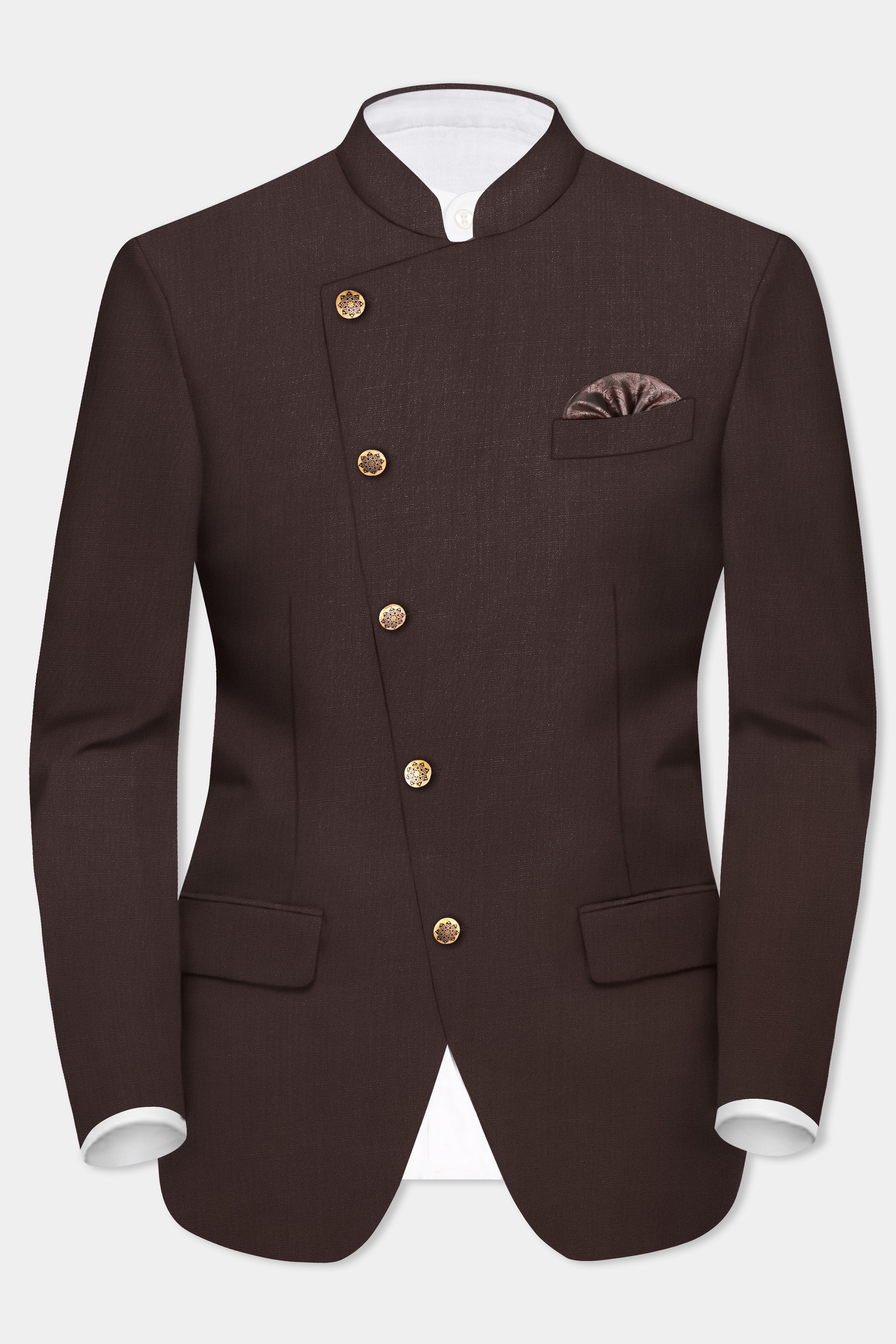 Espresso-Hickory Brown Solid Wool Rich Cross Placket Bandhgala Suit