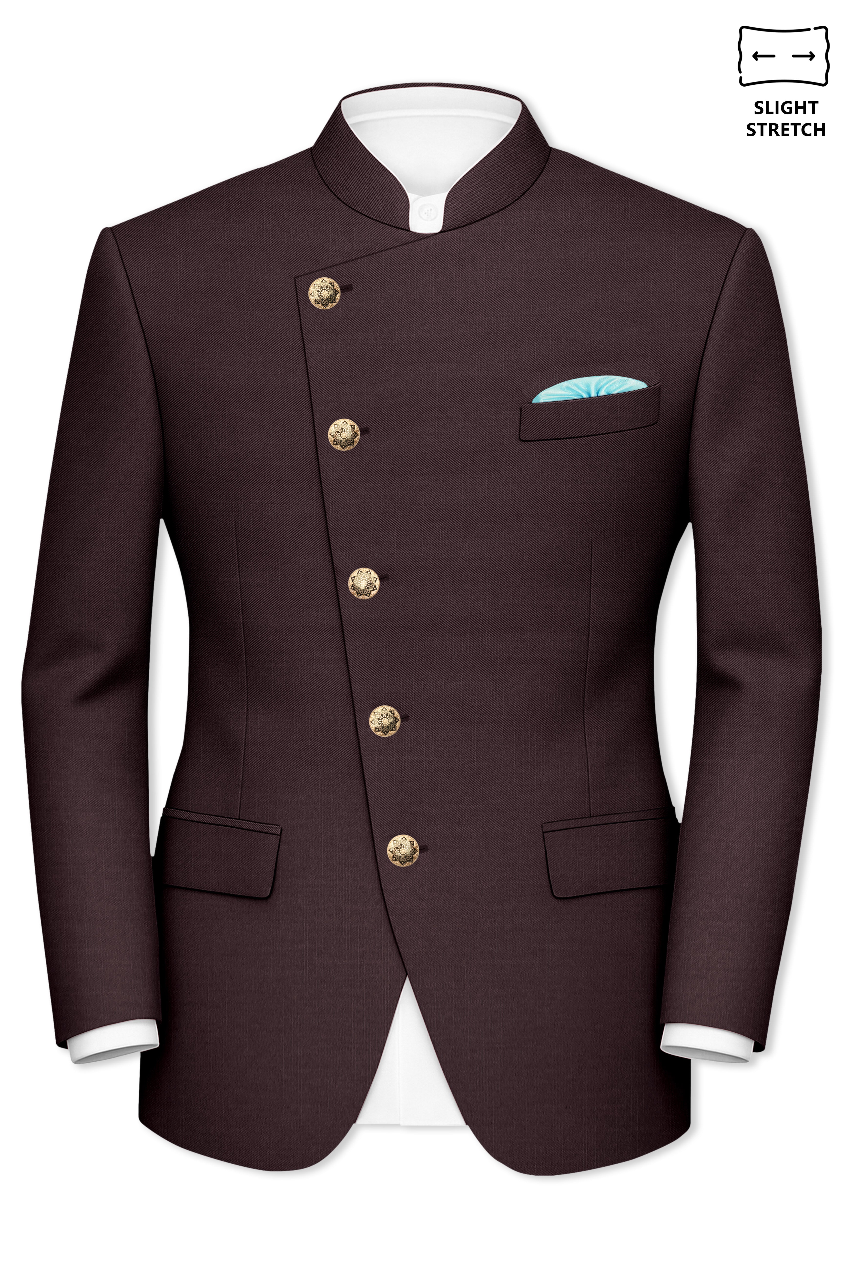 Espresso-Hickory Brown Solid Wool Rich Cross Placket Bandhgala Slight Stretch Suit