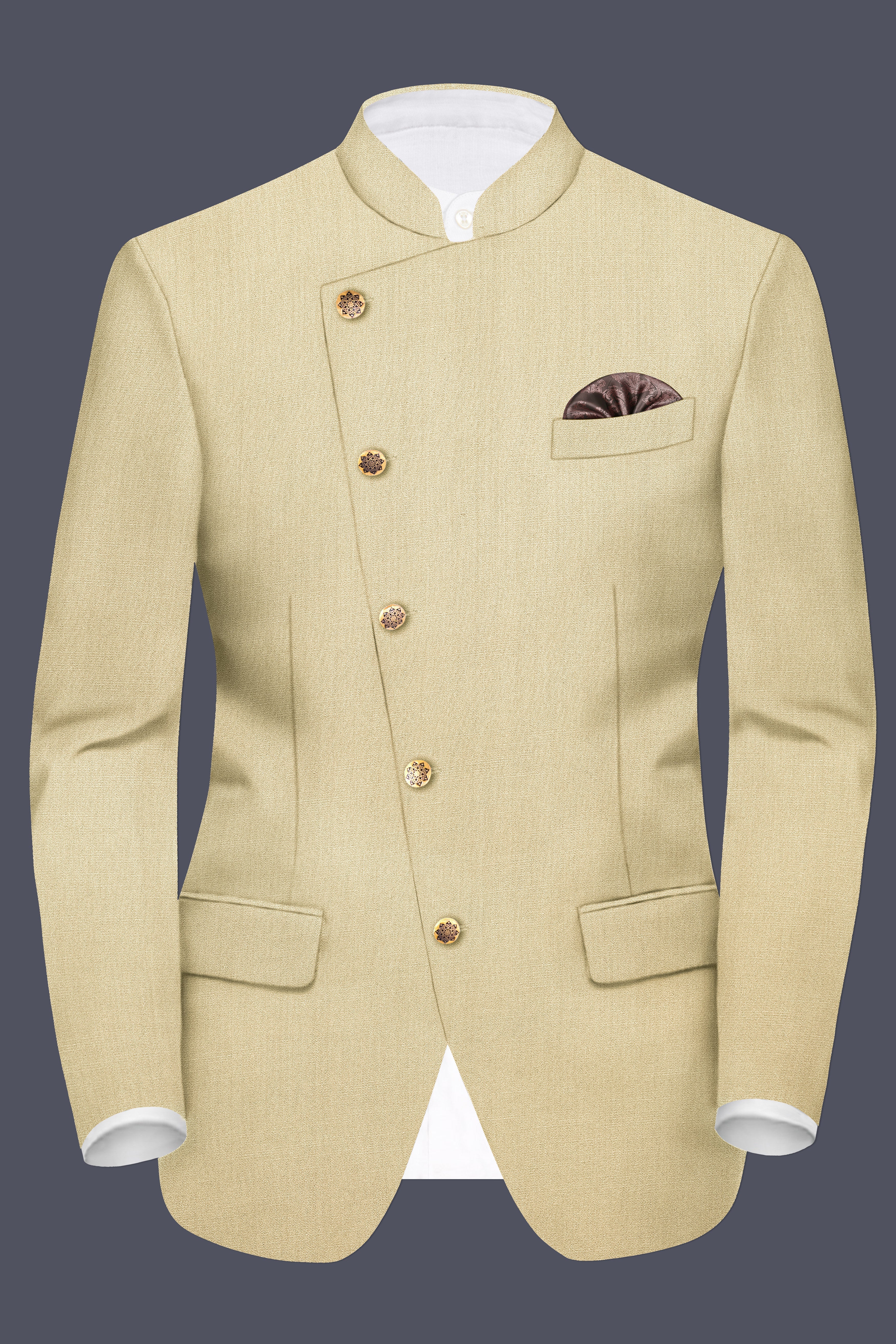 Ecru Classic-Pavlova Cream Solid Wool Rich Cross Placket Bandhgala Suit